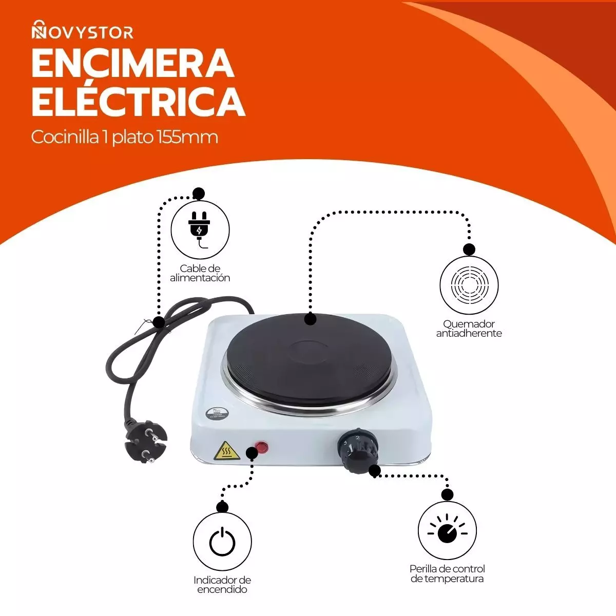 Cocinilla Eléctrica Portátil 1 Plato 155mm Acero Inox-2