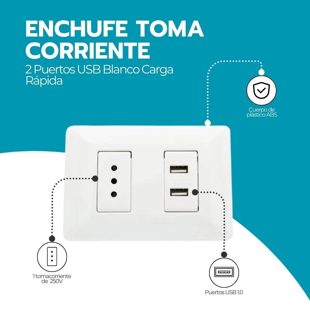 Enchufe Toma Corriente + 2 Puertos USB Blanco Carga Rápida-2