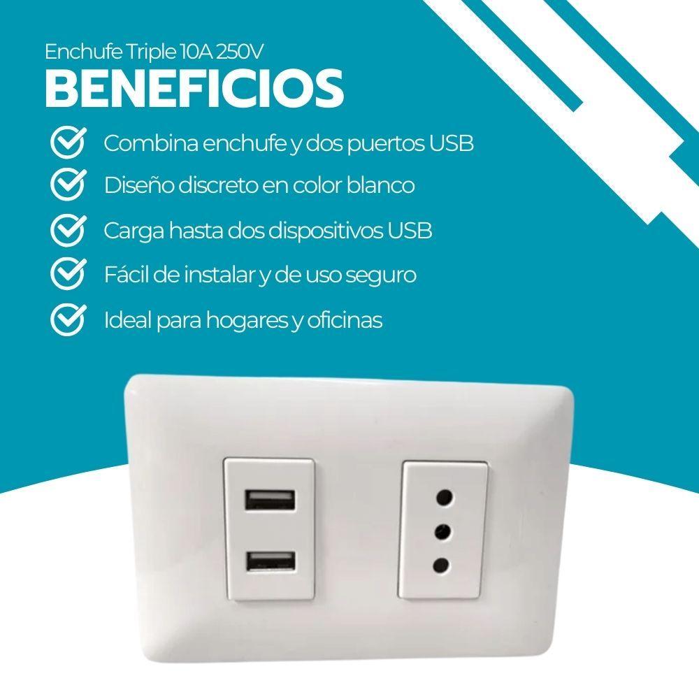 Enchufe Toma Corriente + 2 Puertos USB Blanco Carga Rápida-3