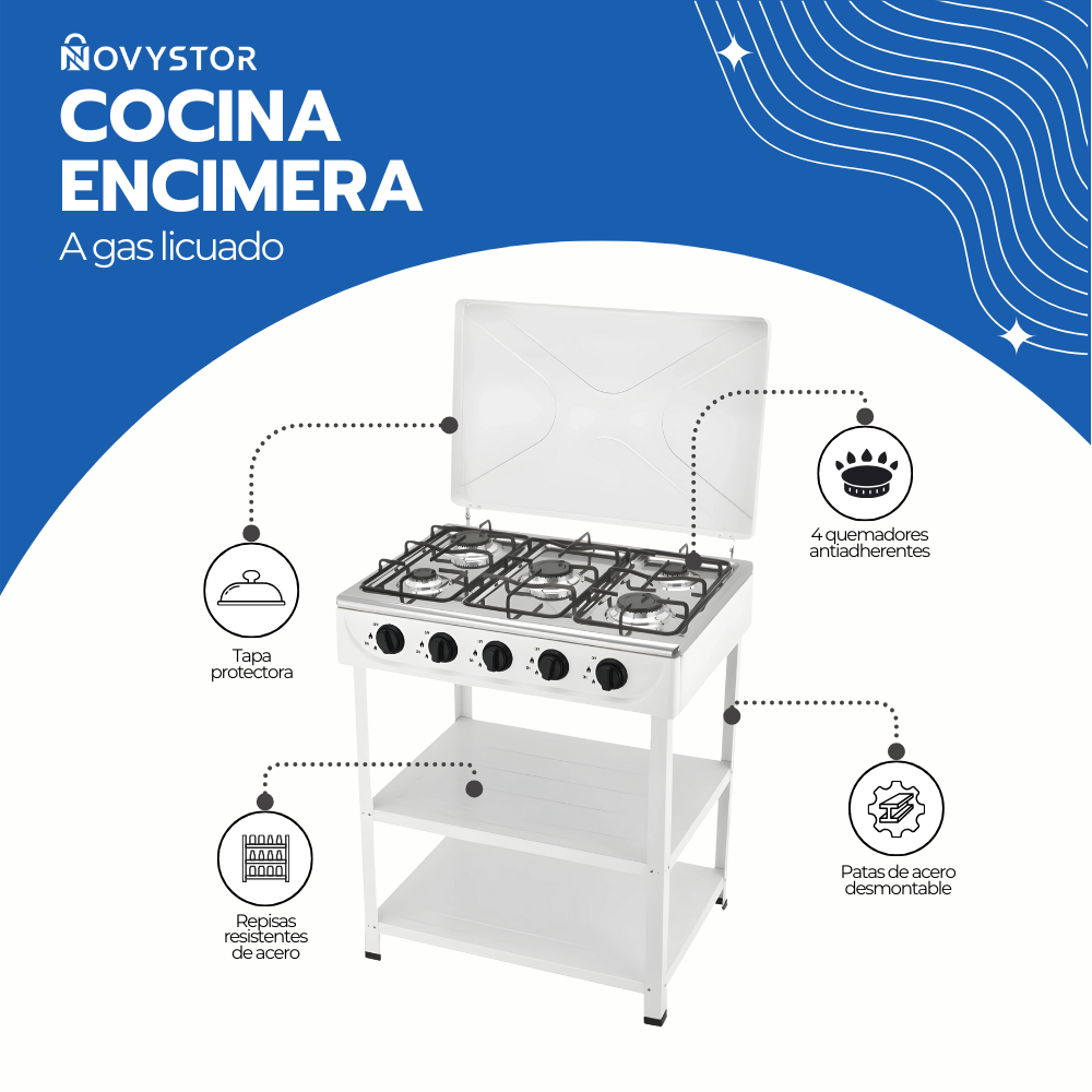 Cocina Encimera Gas 5 Platos con Mesa y Tapa de Acero-2