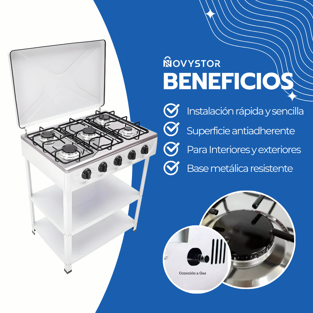 Cocina Encimera Gas 5 Platos con Mesa y Tapa de Acero-3