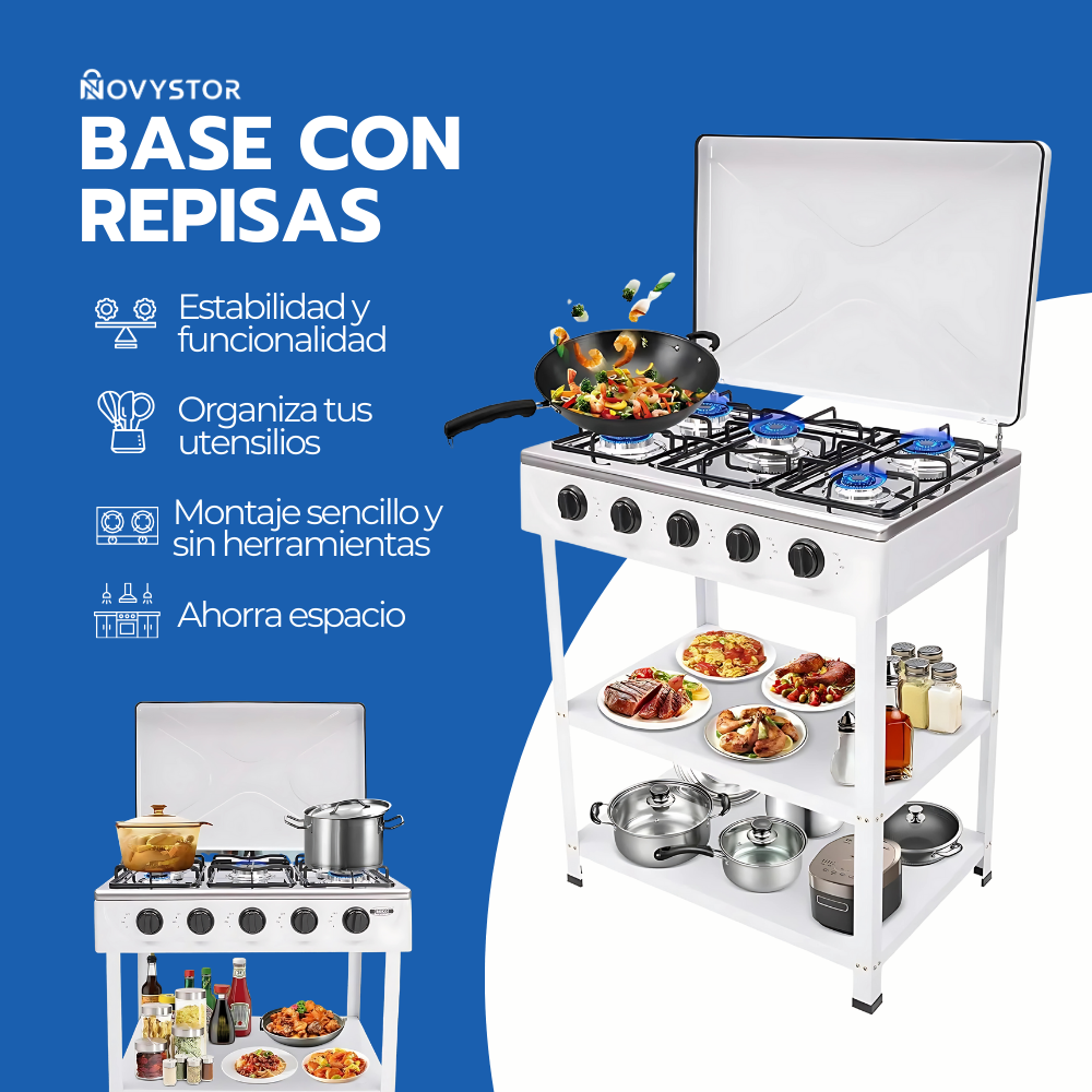 Cocina Encimera Gas 5 Platos con Mesa y Tapa de Acero-4