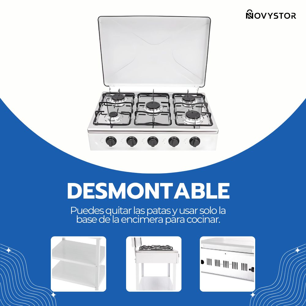 Cocina Encimera Gas 5 Platos con Mesa y Tapa de Acero-5