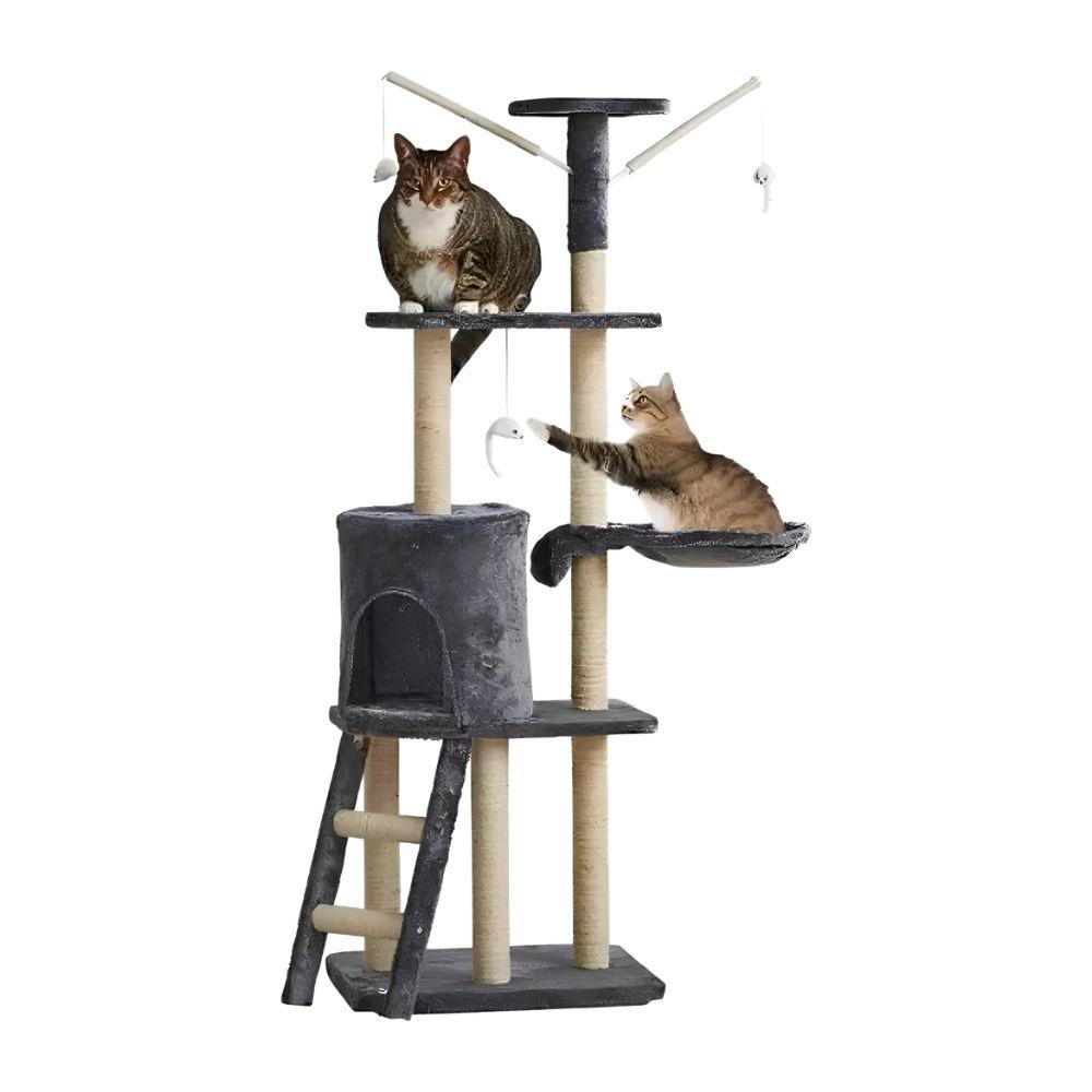 Rascador Torre Para Gatos 5 Niveles Con Hamaca Casita Y Juguetes Gris Felpa Modelo MT05-S-BM-1