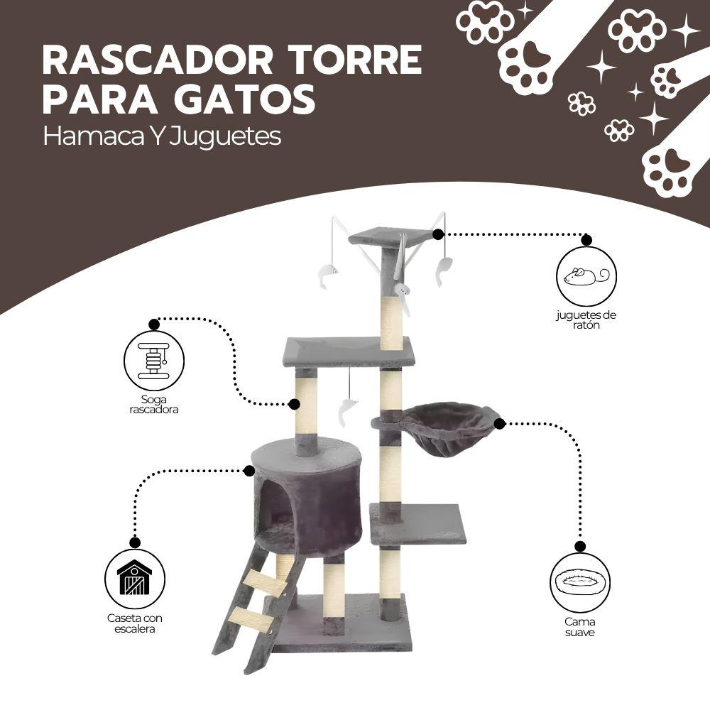 Rascador Torre Para Gatos 5 Niveles Con Hamaca Casita Y Juguetes Gris Felpa Modelo MT05-S-BM-2