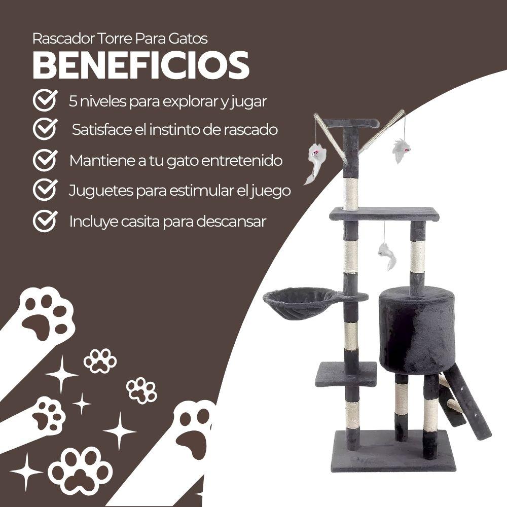Rascador Torre Para Gatos 5 Niveles Con Hamaca Casita Y Juguetes Gris Felpa Modelo MT05-S-BM-3