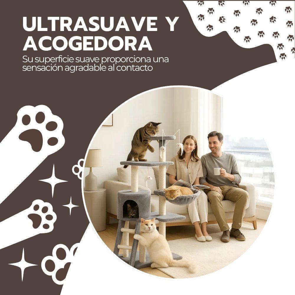 Rascador Torre Para Gatos 5 Niveles Con Hamaca Casita Y Juguetes Gris Felpa Modelo MT05-S-BM-5