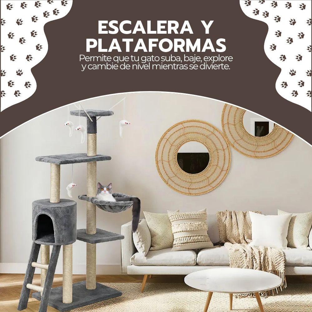Rascador Torre Para Gatos 5 Niveles Con Hamaca Casita Y Juguetes Gris Felpa Modelo MT05-S-BM-7