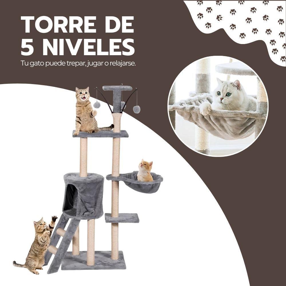 Rascador Torre Para Gatos 5 Niveles Con Hamaca Casita Y Juguetes Gris Felpa Modelo MT05-S-BM-9
