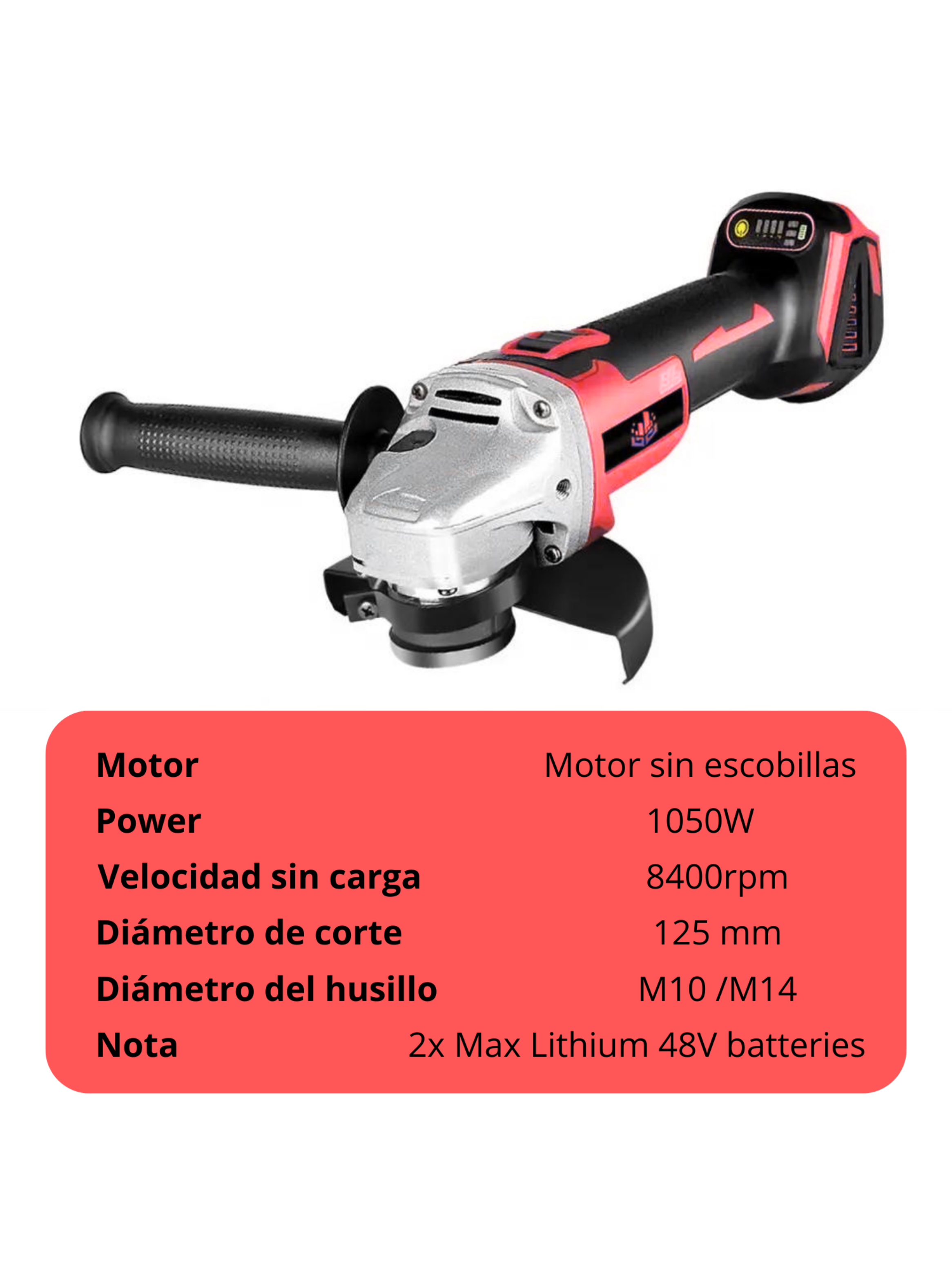 Esmeril angular inalámbrico 4,5" 48V +2 batería +Accesorios-5