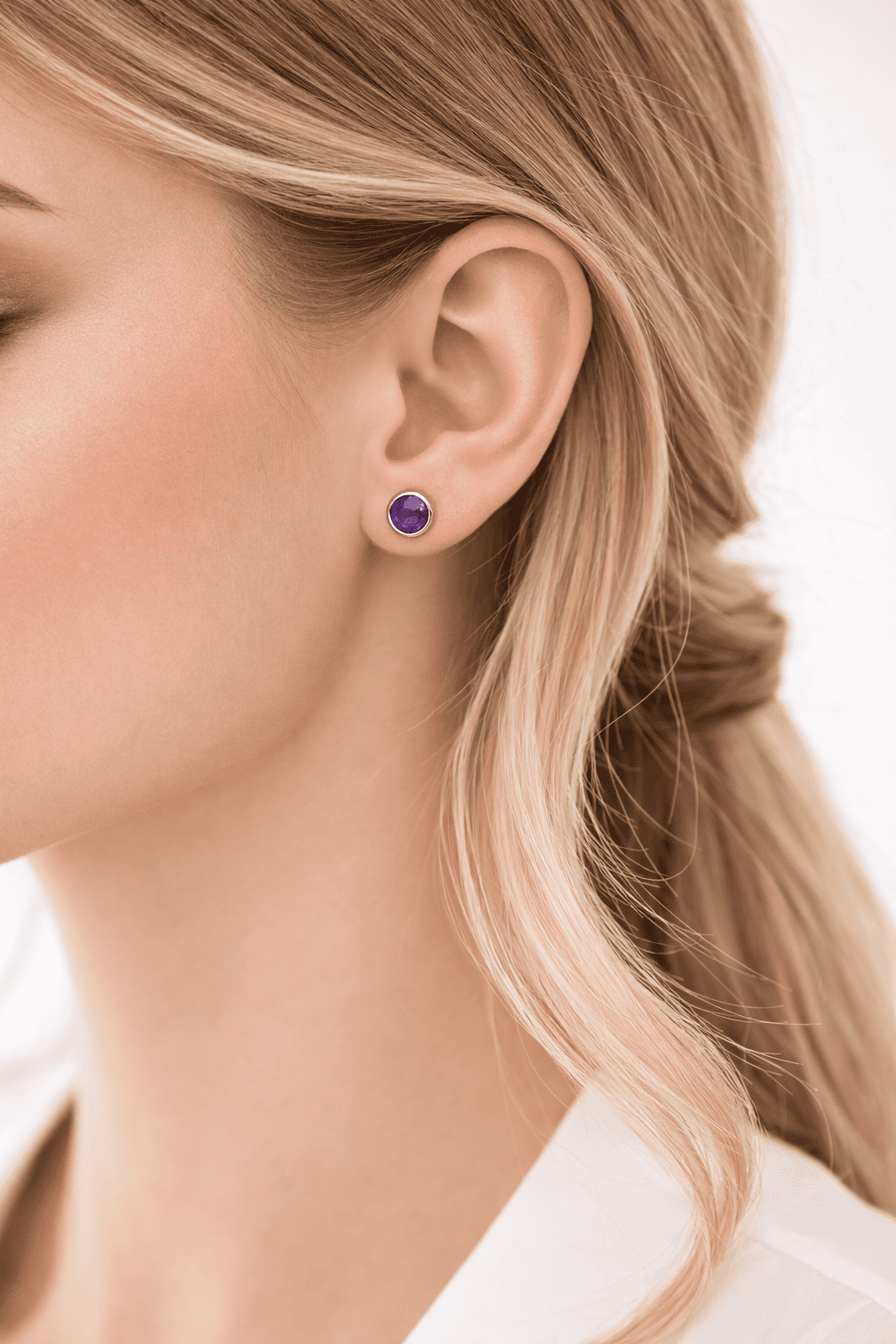 Aros Amatista Circular Plata 950 Tornillo Mariposa Mujer Piedra Violeta-2