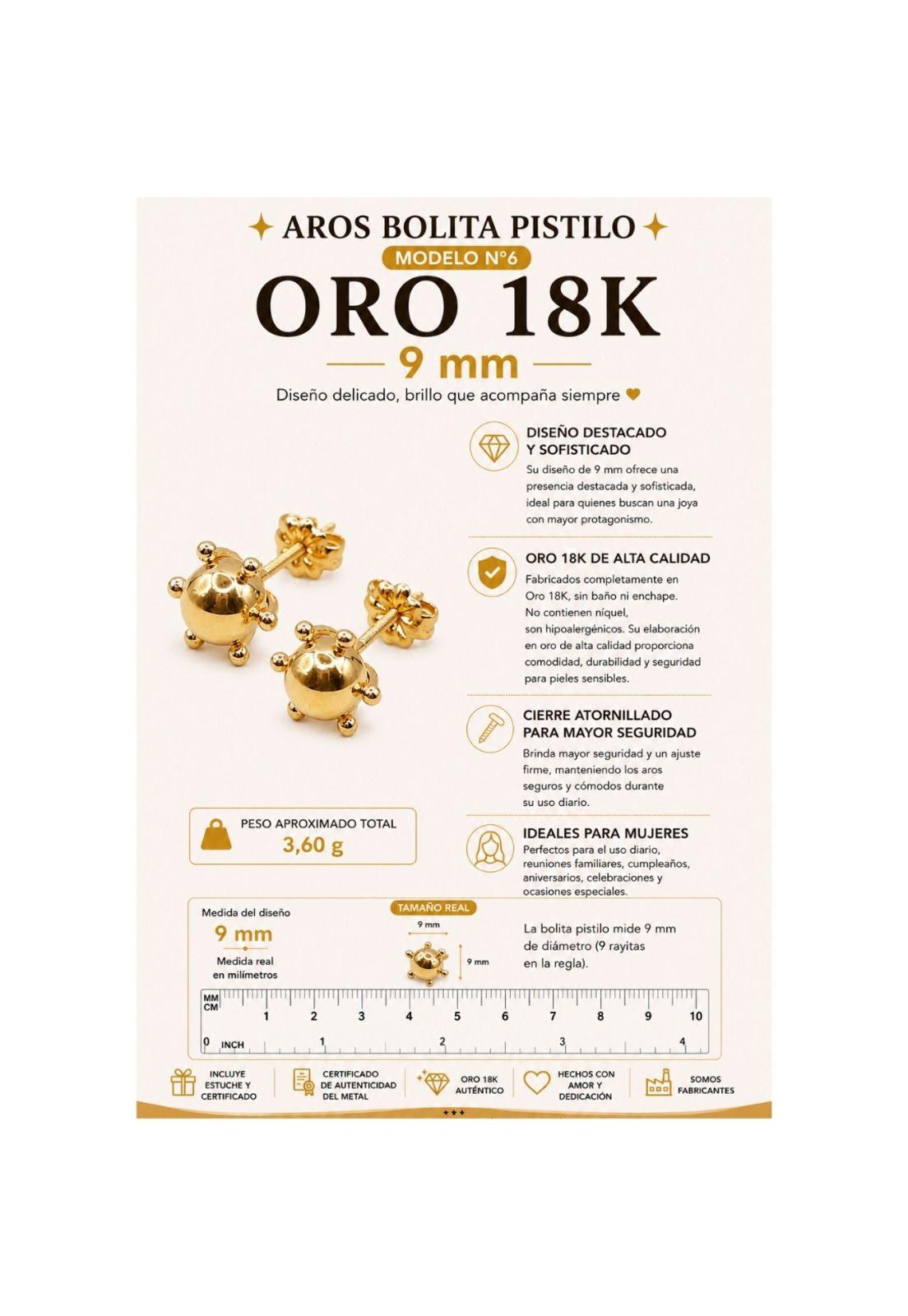 Aros Bolita Pistilo 9mm No6 Oro 18k 3.60gr Regalo Mujer Dorado-4