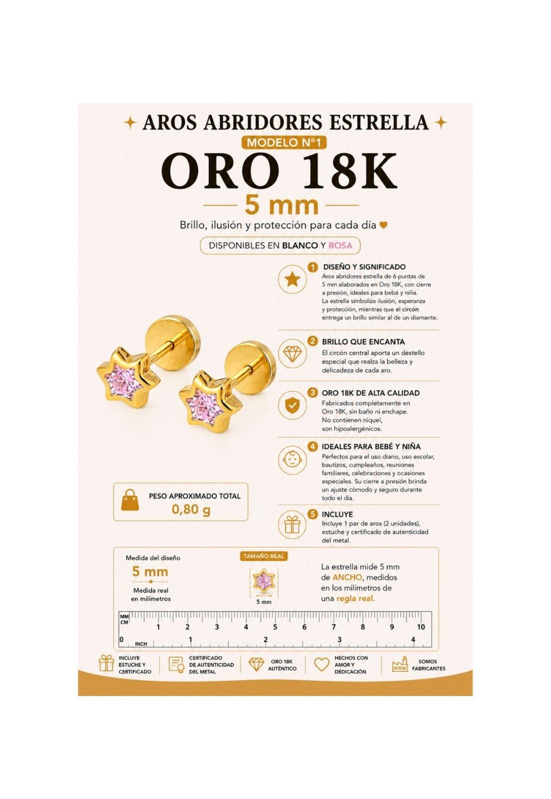 Aros Abridores Estrella 6 Puntas 5 Mm Oro 18k Circón Bebé-4