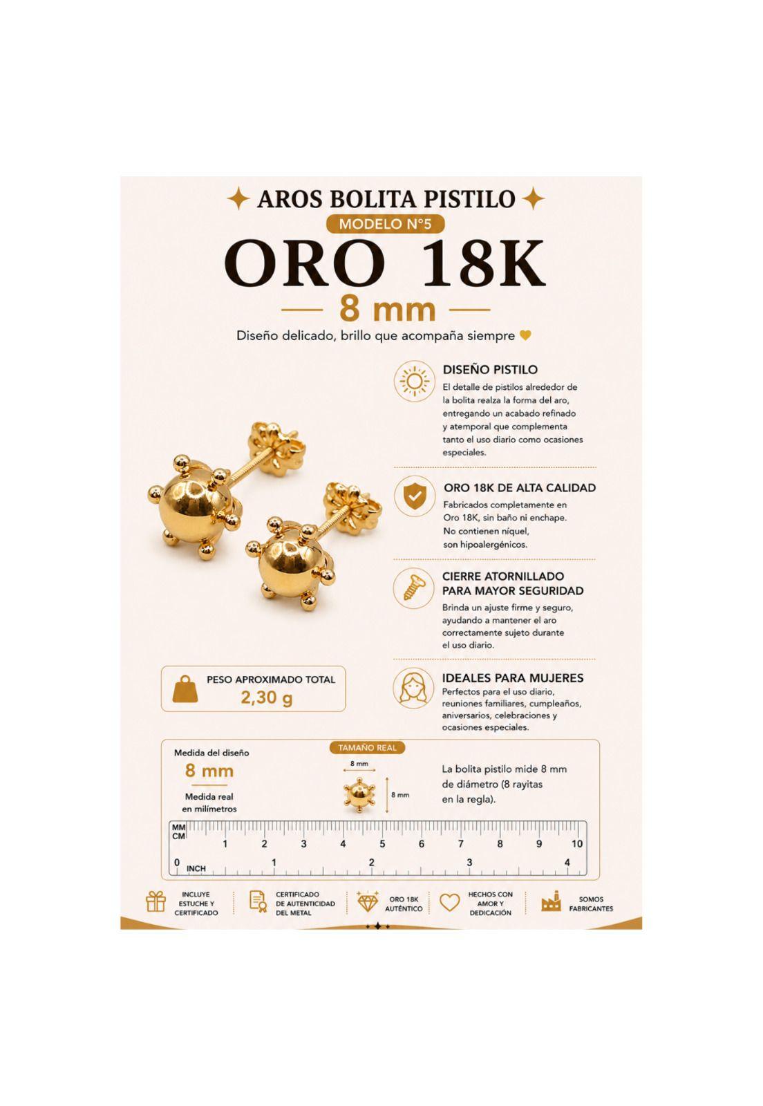 Aros Bolita Pistilo 8mm No5 Oro 18k 2.30gr Regalo Mujer Dorado-2