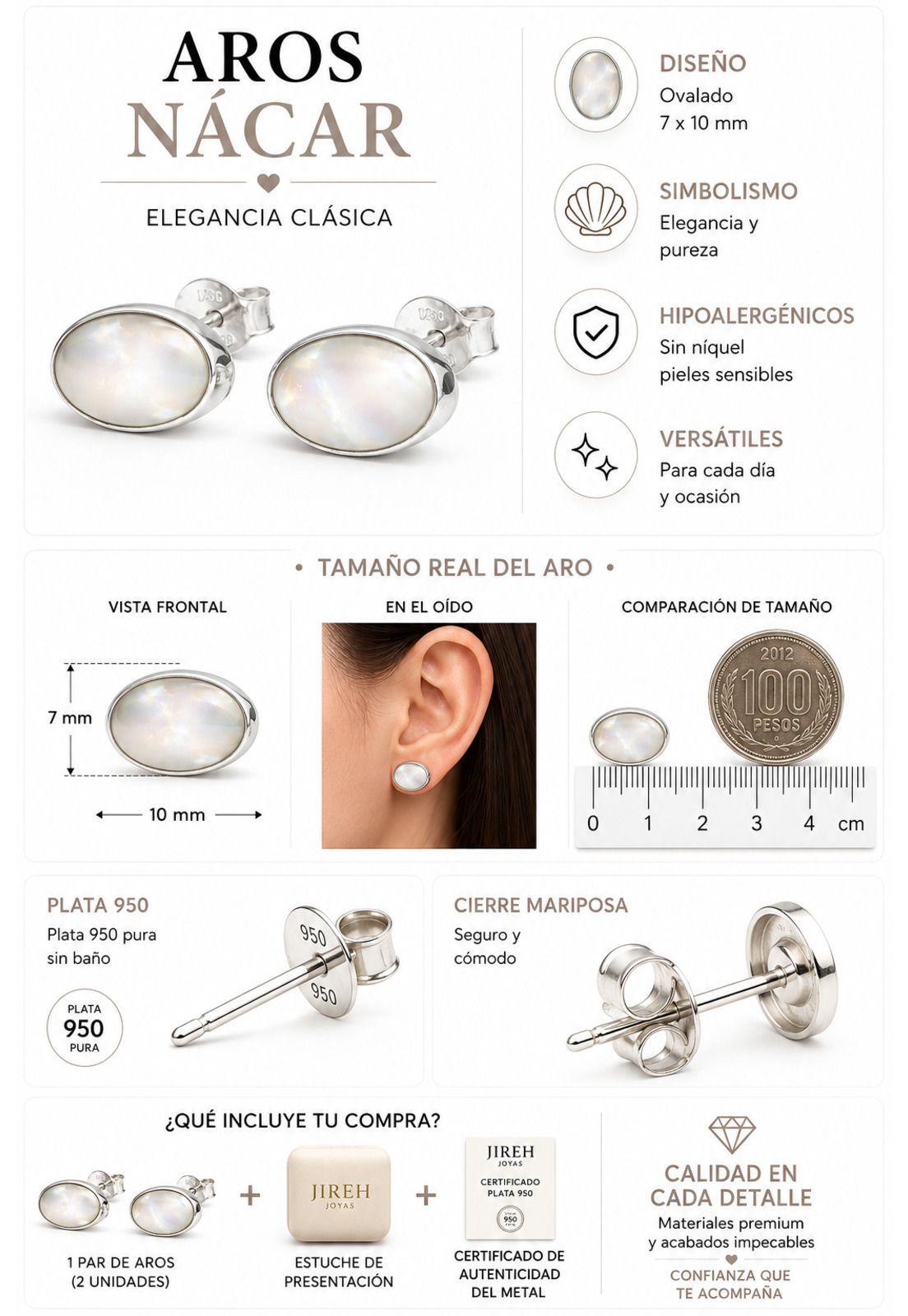 Aros Nácar Ovalado Plata 950 Mujer Elegantes Piedra Blanca.-4