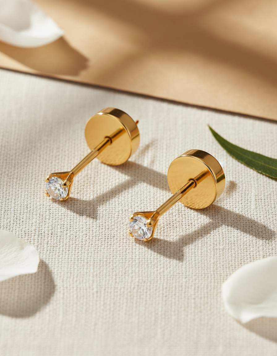 Aros Abridores Chispas 3 mm Oro 18K con Circón y Tope a Presión No2-2