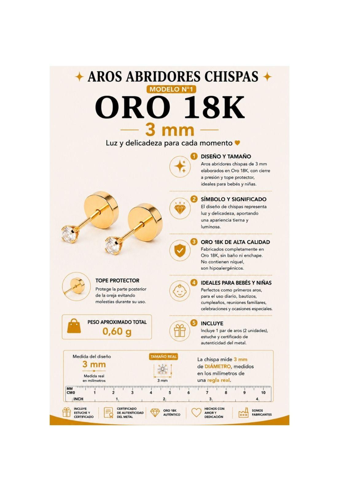 Aros Abridores Chispas 3mm Oro 18k Tope A Presión Bebé Niña-4