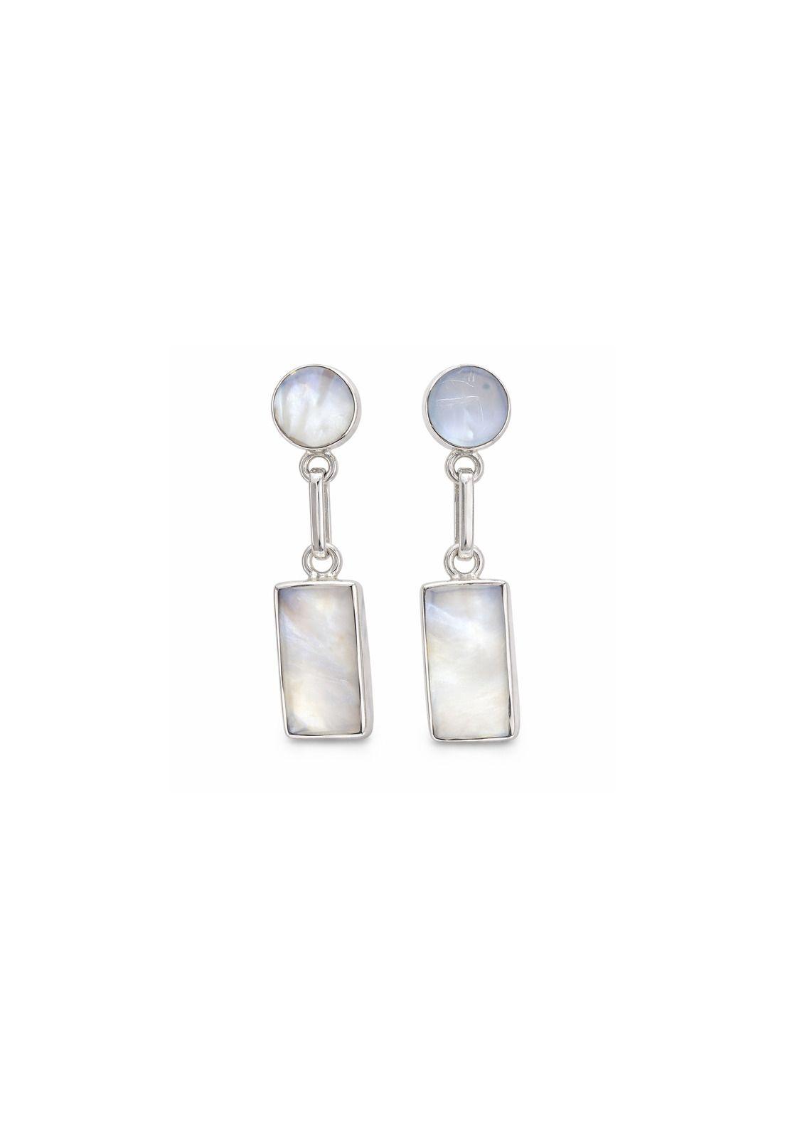 Aros Nácar Rectangular Plata 950 Tornillo Mariposa Colgantes Mujer Elegantes Piedra Blanca.-0