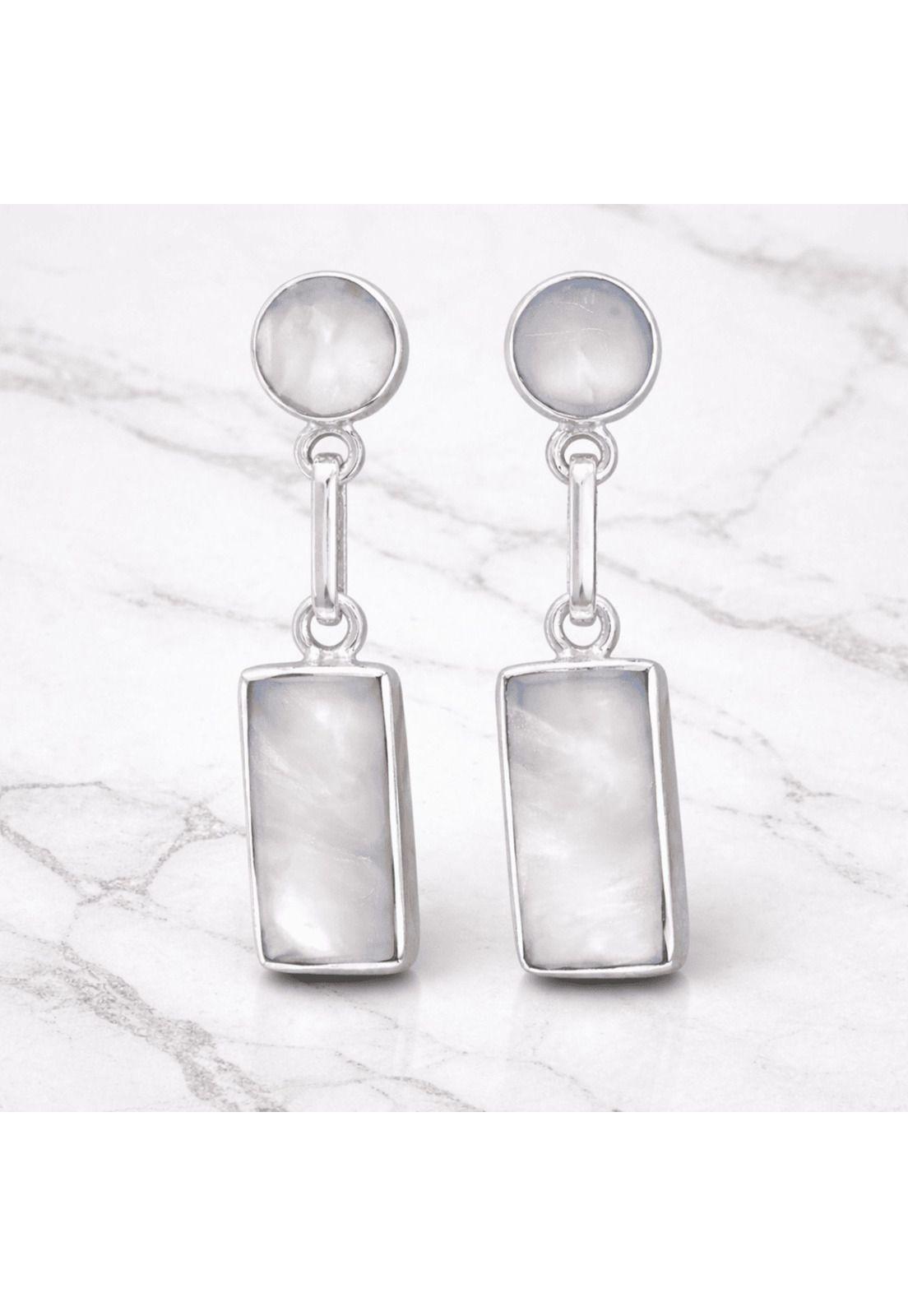 Aros Nácar Rectangular Plata 950 Tornillo Mariposa Colgantes Mujer Elegantes Piedra Blanca.-1