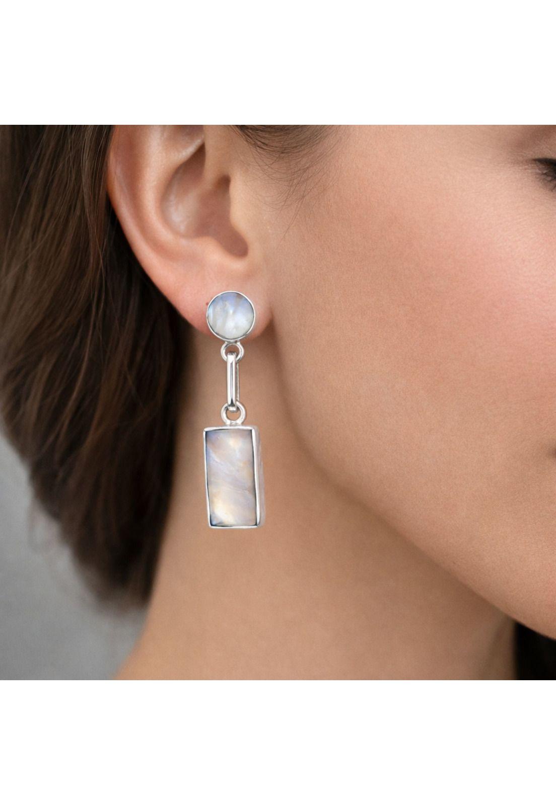 Aros Nácar Rectangular Plata 950 Tornillo Mariposa Colgantes Mujer Elegantes Piedra Blanca.-2