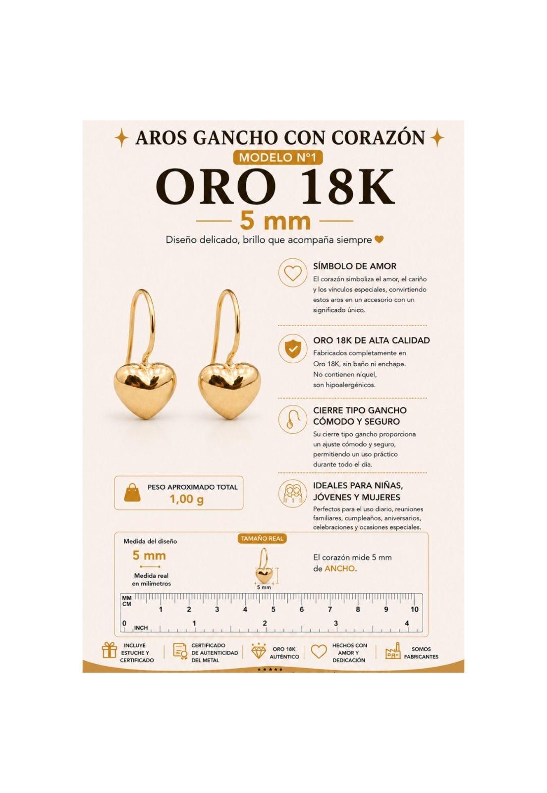 Aros Gancho Corazón 5mm Oro 18k Nacional 1gr Regalo Mujer Dorado-5