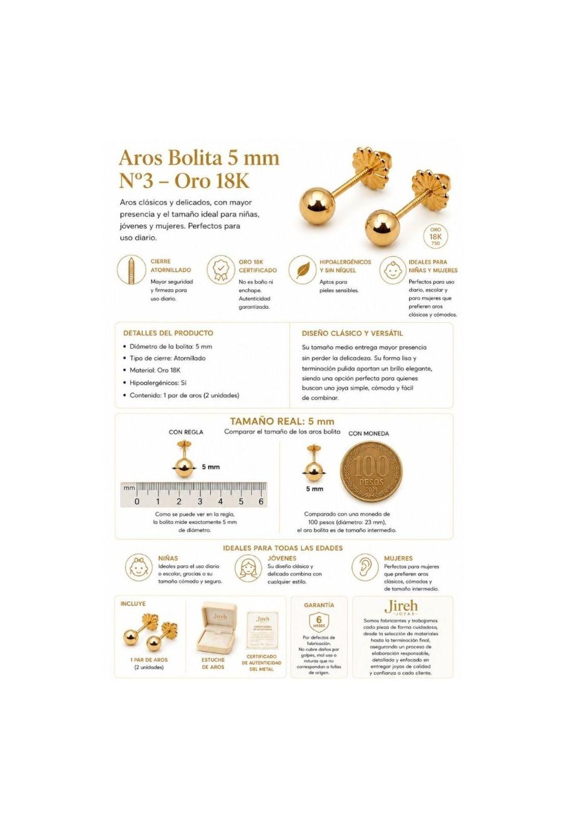 Aros Bolita 5mm N3 Oro18k 0.65gr Niña Juvenil Hipoalergénico Dorado-2