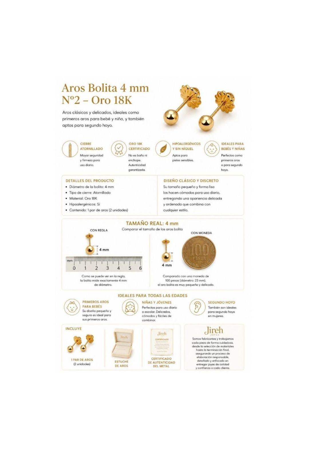 Aros Bolita 4mm N2 Oro 18k 0.55gr Bebé Niña Hipoalergénicos Dorado-3