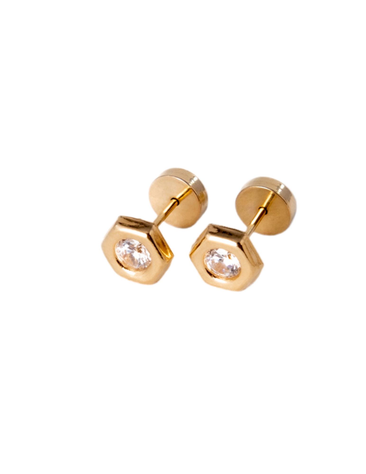 Aros Abridores Hexágonal 6 mm Oro 18k con Circón Blanco y Tope a presión-2