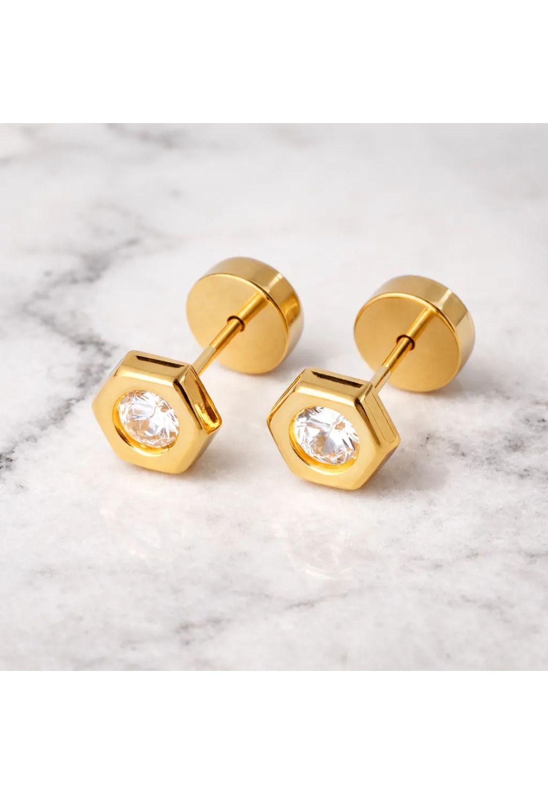 Aros Abridores Hexágonal 6 Mm Oro 18k Con Circón Blanco Blanco-2