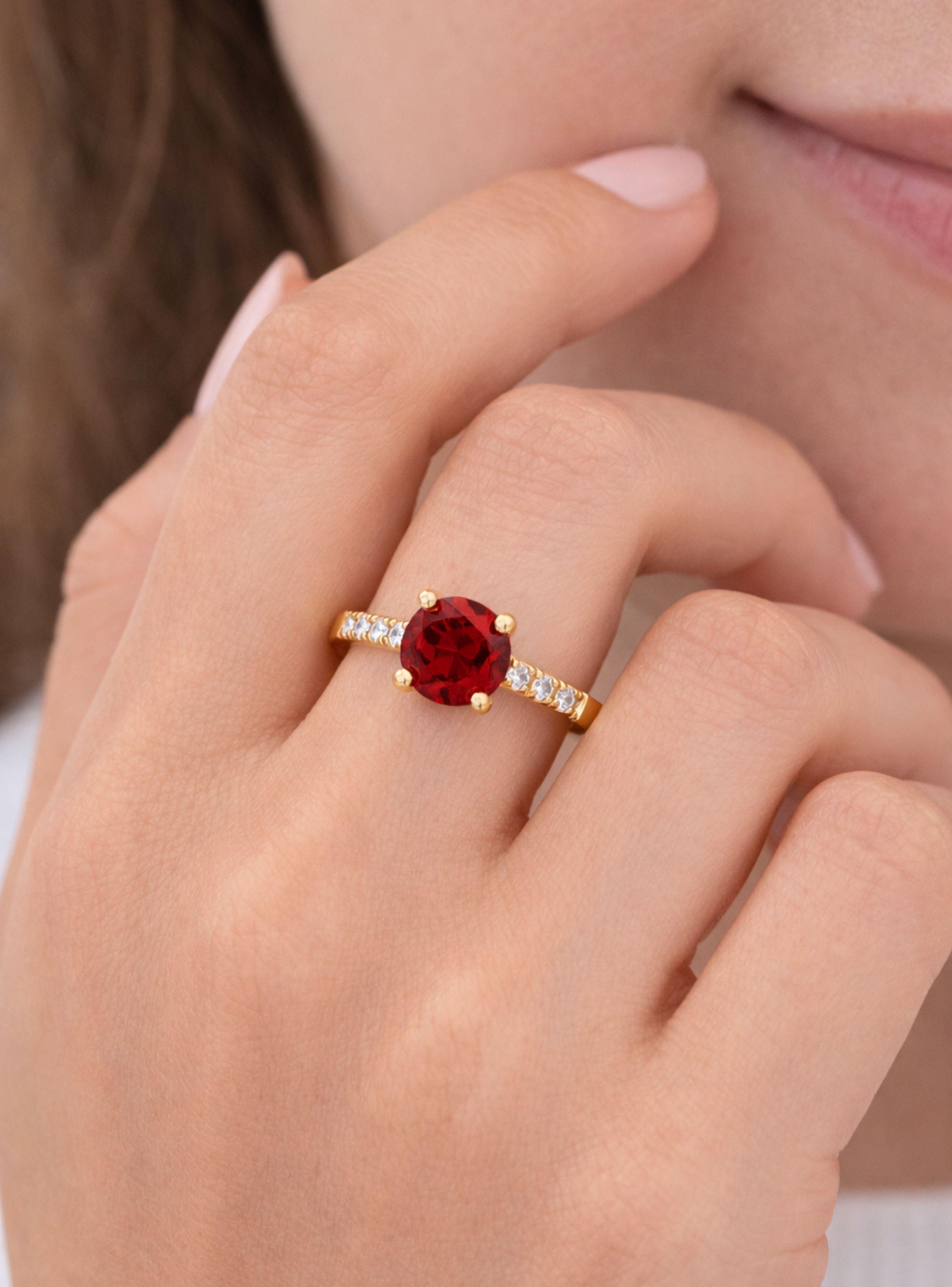 Anillo Solitario Compromiso Princesa Oro 18K 2gr Circón Central 5mm Rojo Mujer-2
