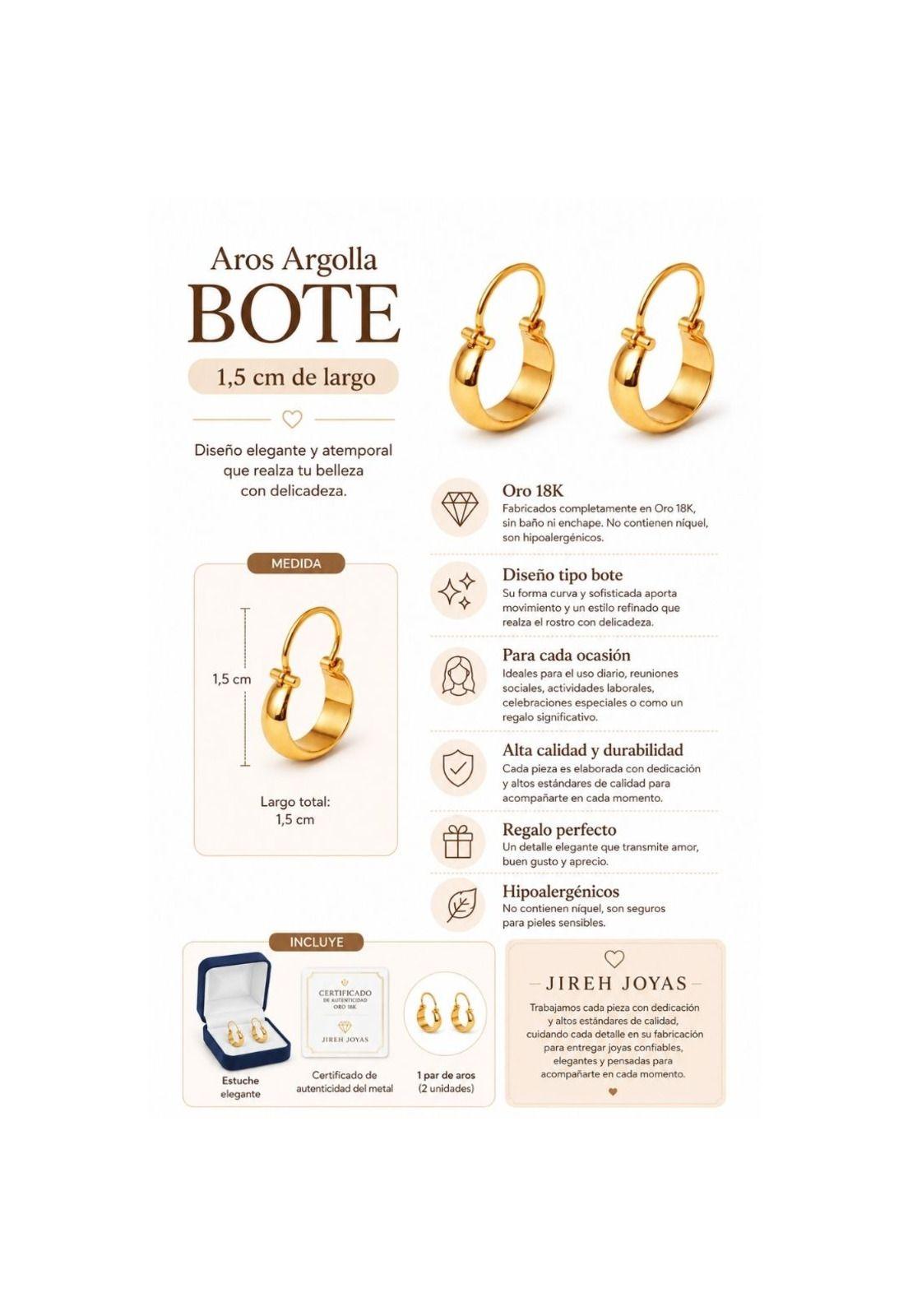 Aros Argolla Bote 1,5cm Largo N1 Oro 18k 1.50gr Mujer Regalo Dorado-4