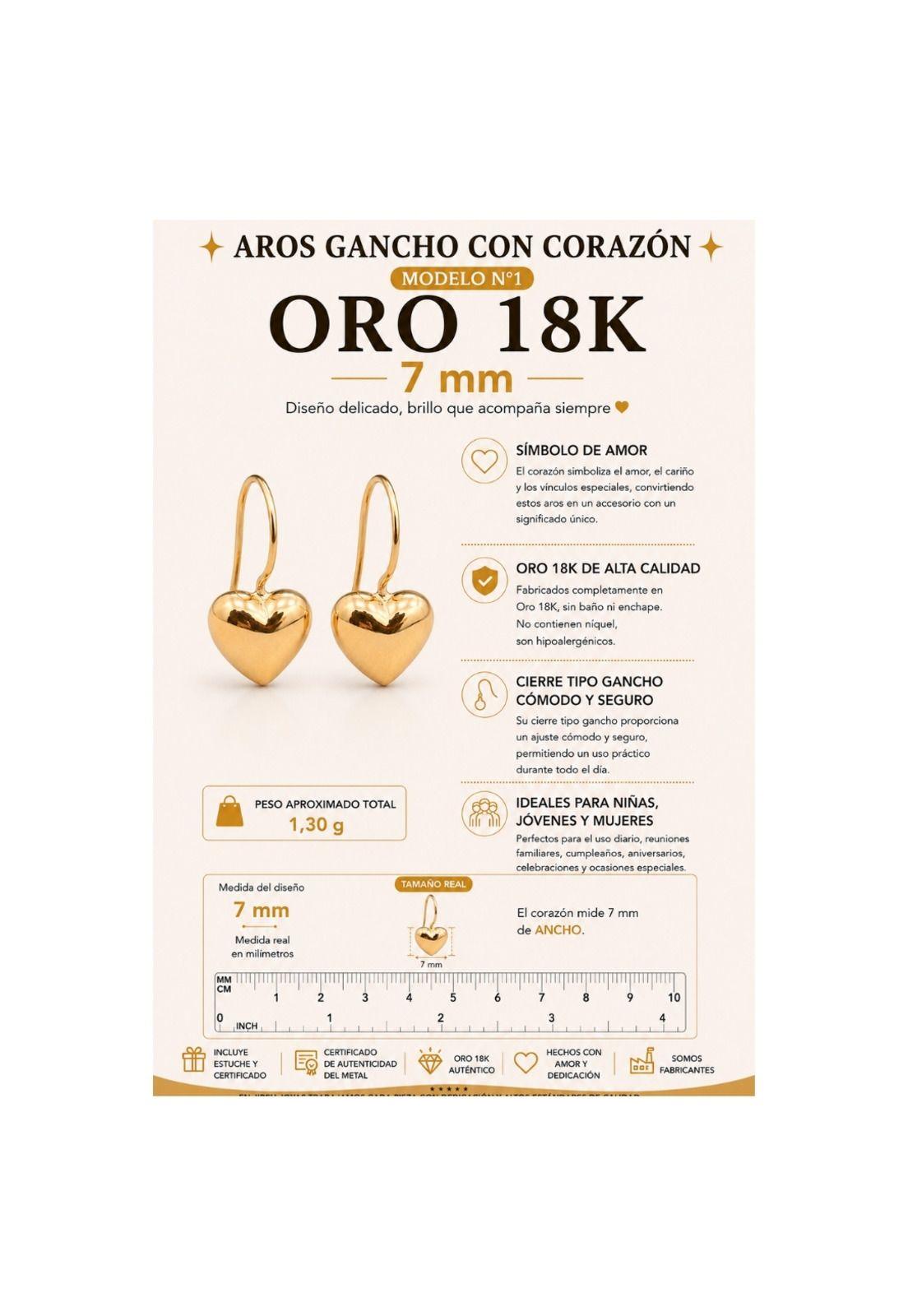 Aros Gancho Corazón 7mm Oro 18k Nacional 1.30gr Regalo Mujer Dorado-5
