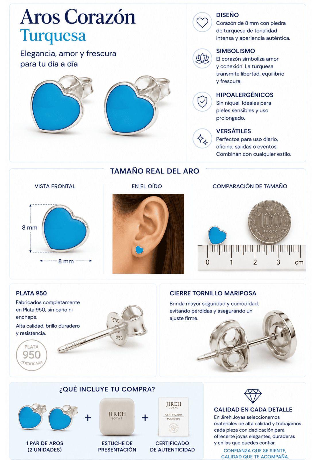 Aros Turquesa Corazón Plata 950 8mm Mujer Elegantes Piedra Azul.-3