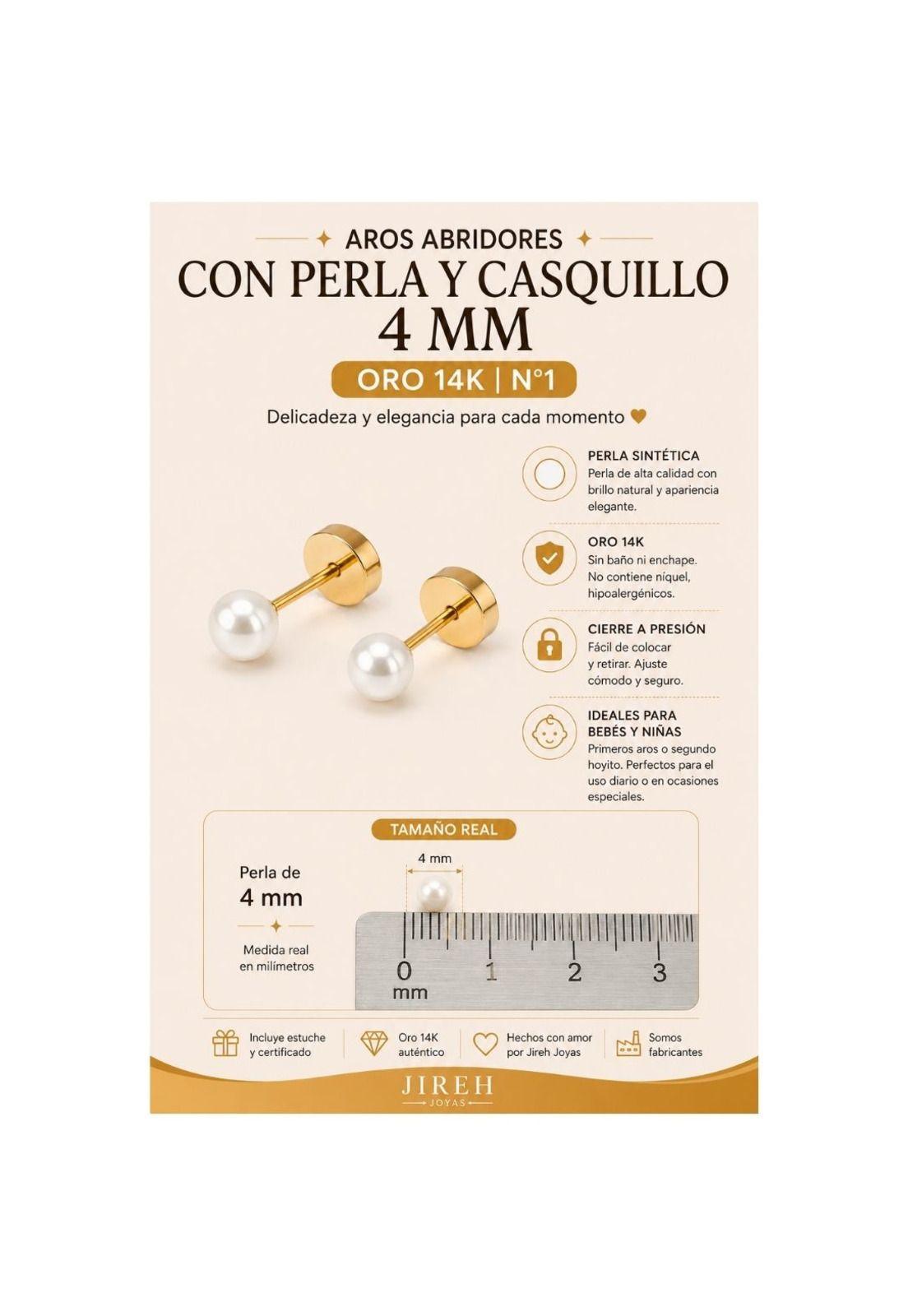 Aros Abridores Perla Casquillo 4mm N1 Oro 14k Bebé Niña Dorado 4mm-3
