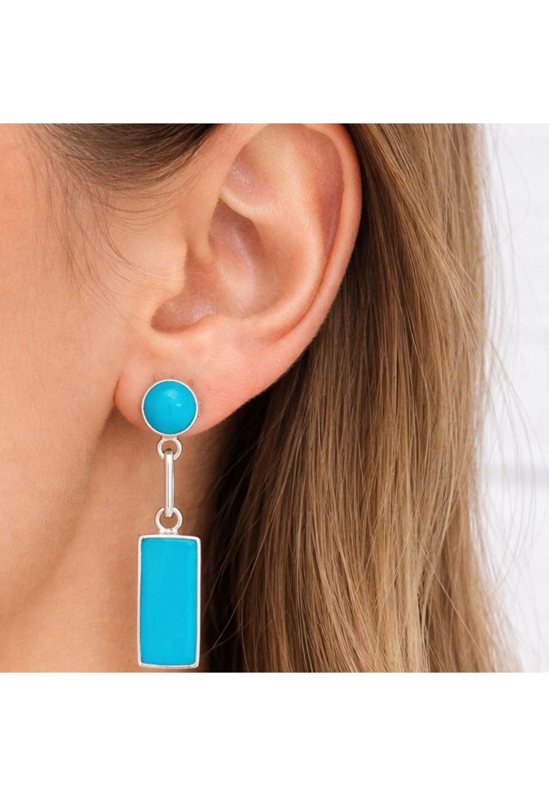 Aros Turquesa Rectangular Plata 950 Tornillo Mariposa Colgantes Mujer Elegantes Piedra azul.-2