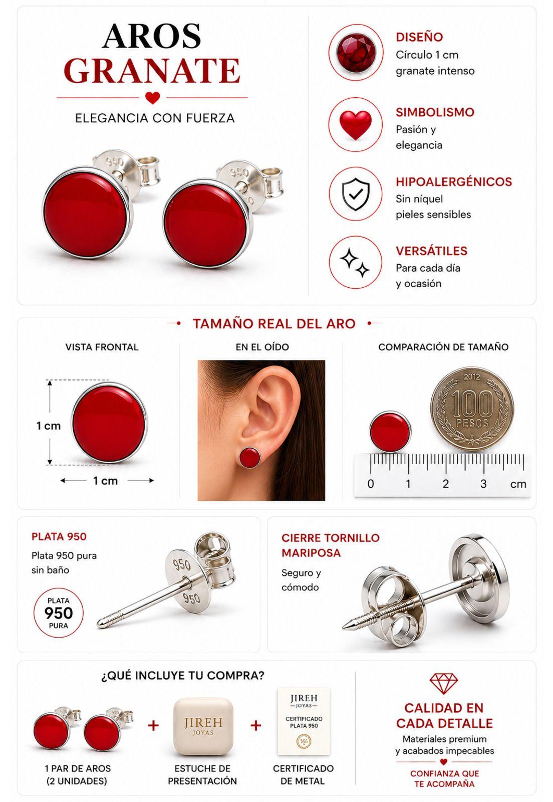 Aros Granate Circular Plata 950 Mujer Elegantes Piedra Rojo.-3