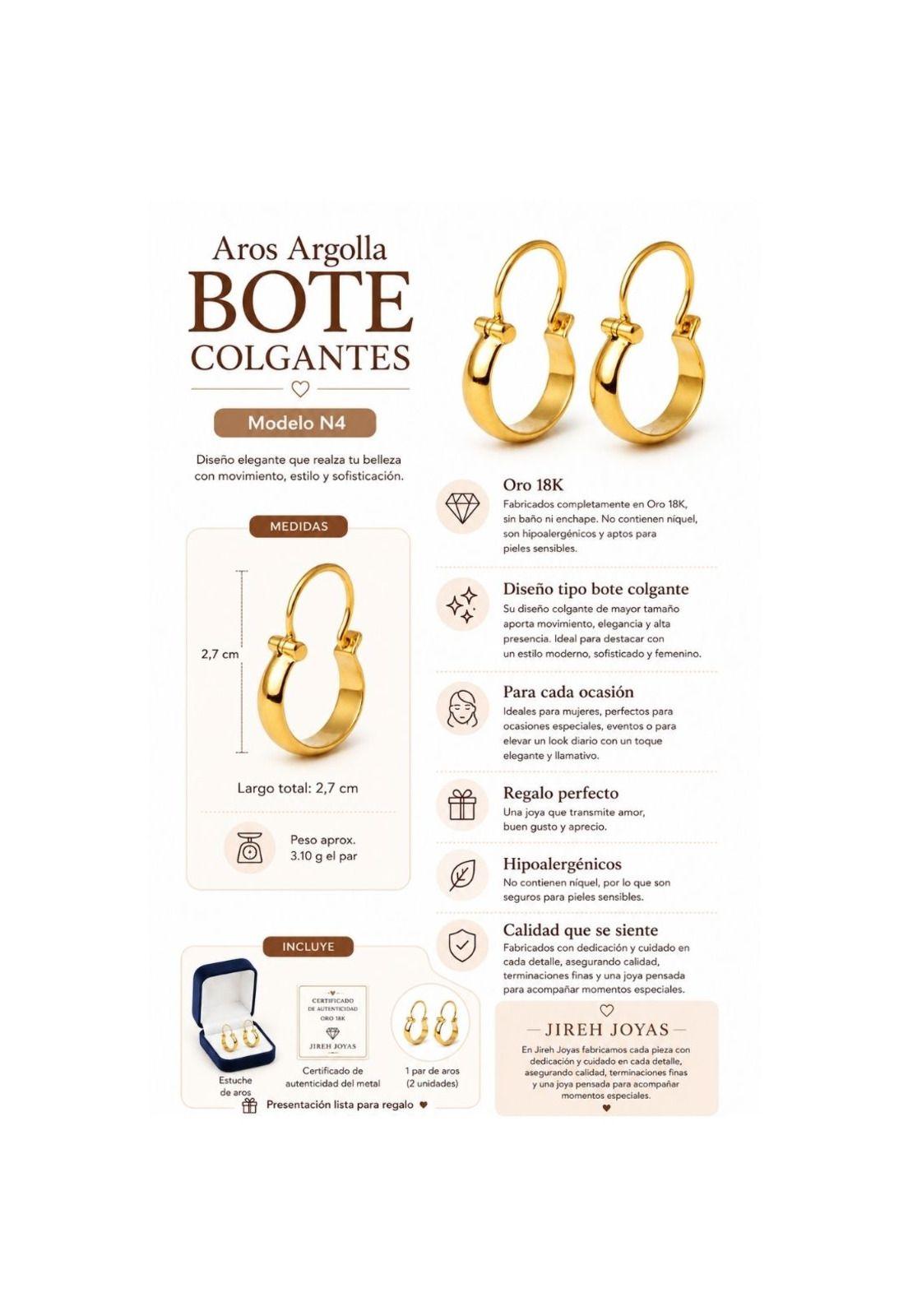 Aros Argolla Bote 2,7cm Largo N4 Oro 18k 3.10gr Mujer Regalo Dorado-5