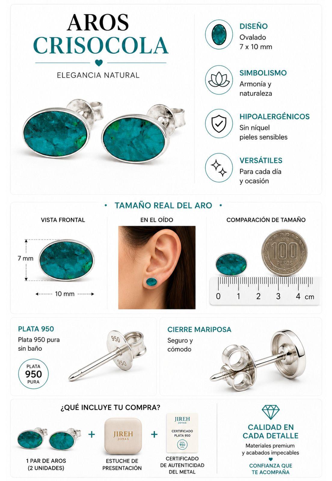Aros Crisocola Ovalado Plata 950 Mujer Elegantes Piedra Azul.-3