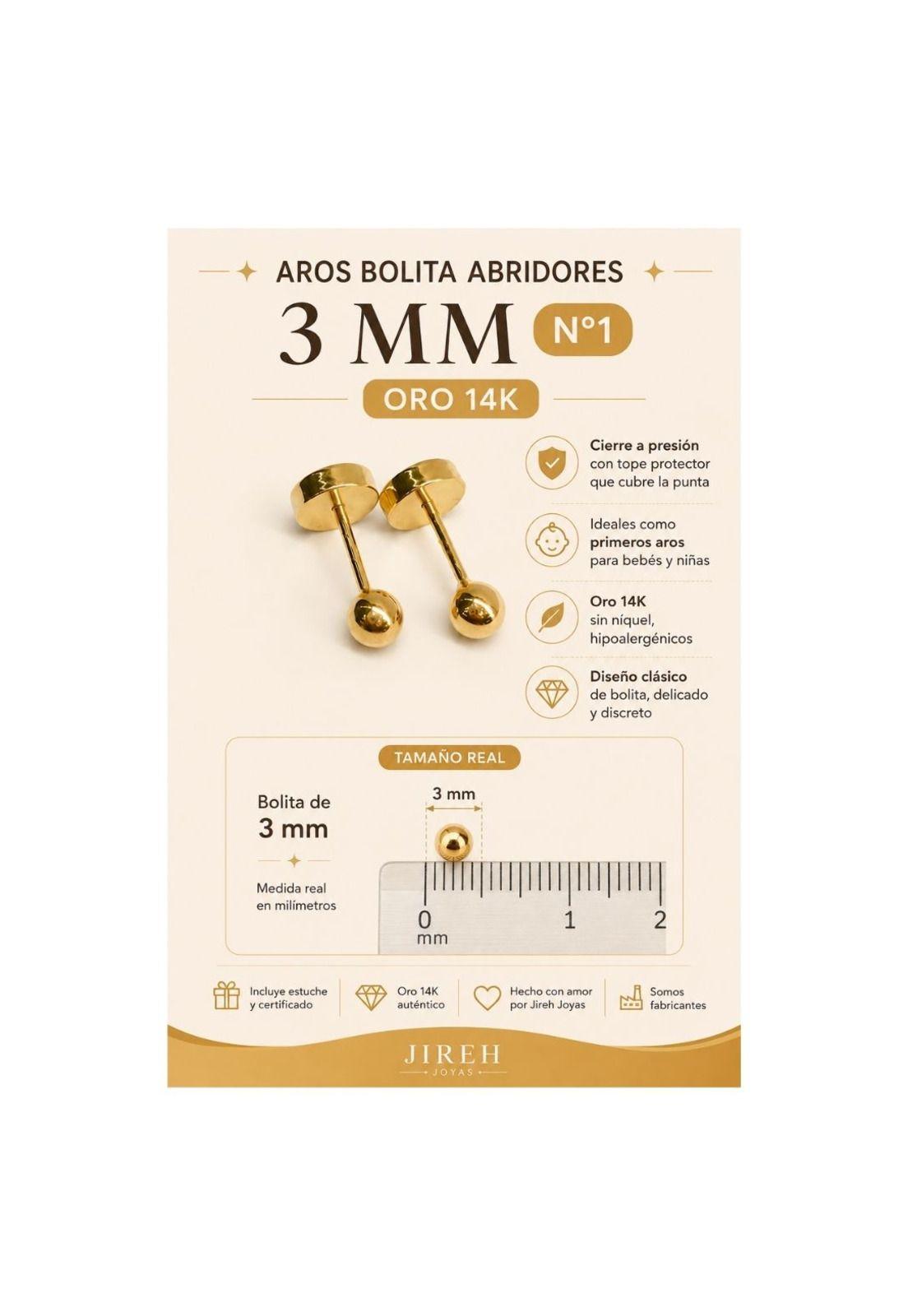 Aros Abridores Bolita 3mm N1 Oro 14k Bebé Niña Hipoalergénic Dorado-7