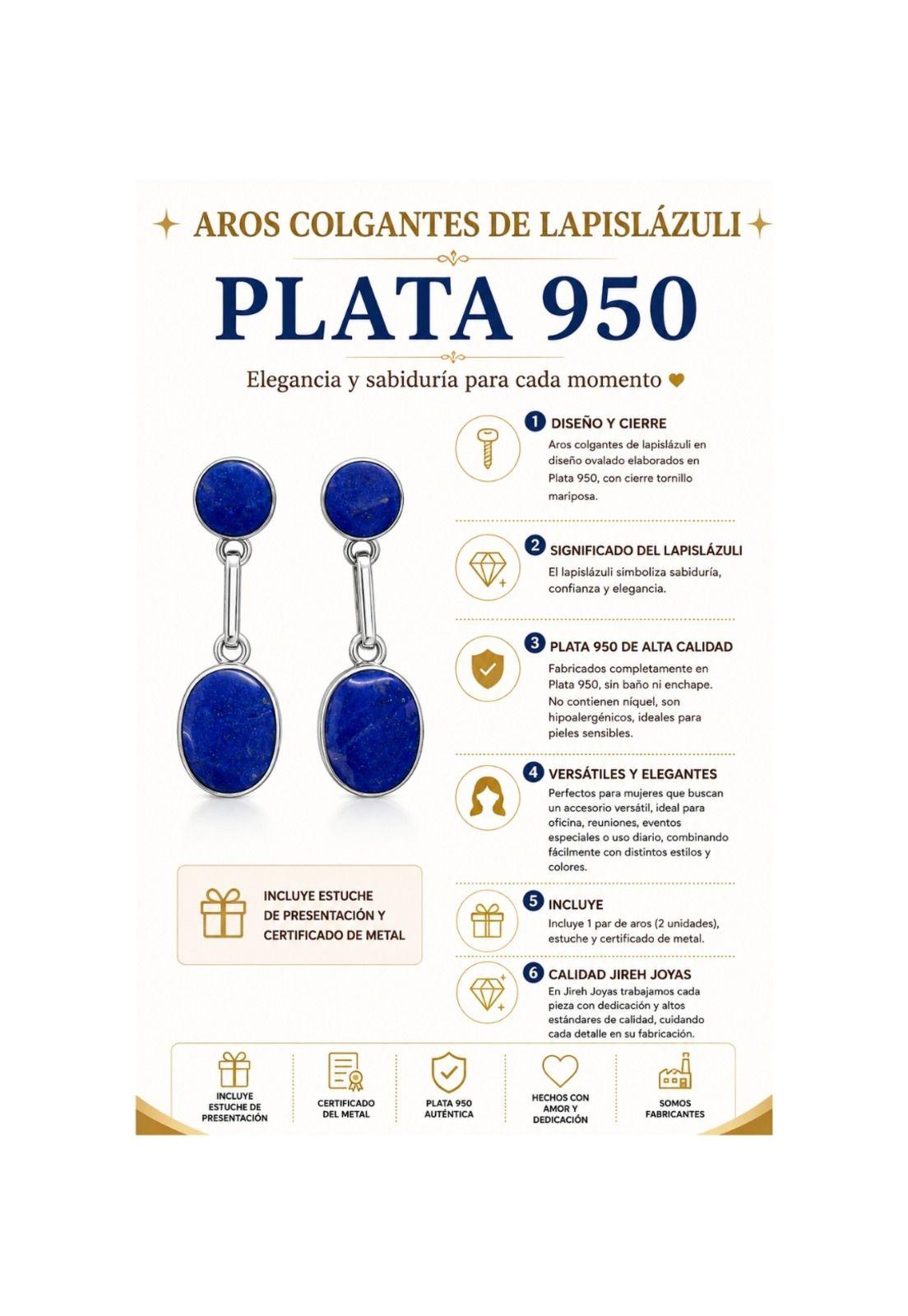 Aros Lapislázuli Ovalado Plata 950 Tornillo Mariposa Colgantes Mujer Elegantes Piedra Azul.-2