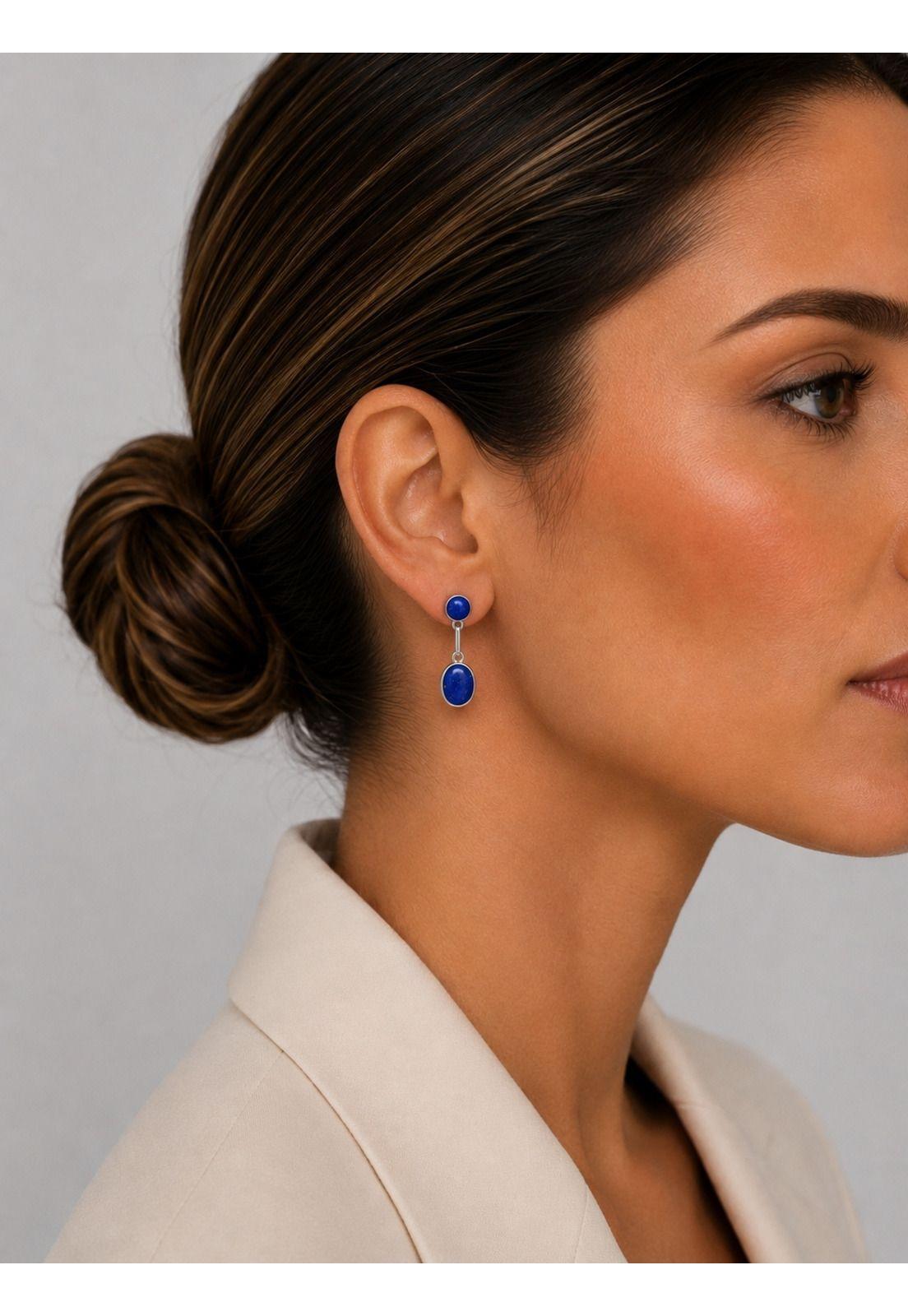 Aros Lapislázuli Ovalado Plata 950 Tornillo Mariposa Colgantes Mujer Elegantes Piedra Azul.-3