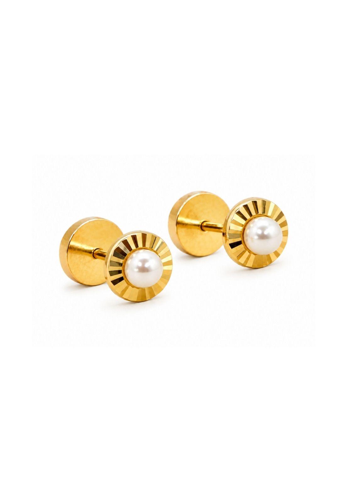 Aros Abridores Redondela Perla Blanca 5mm Oro 18k Bebé Niña Dorado-2