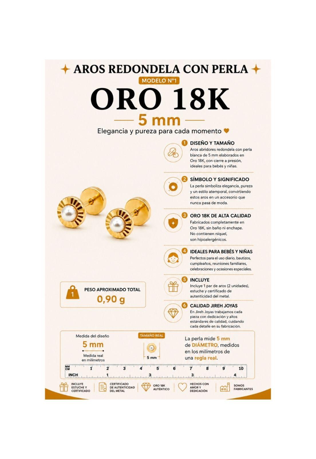 Aros Abridores Redondela Perla Blanca 5mm Oro 18k Bebé Niña Dorado-5