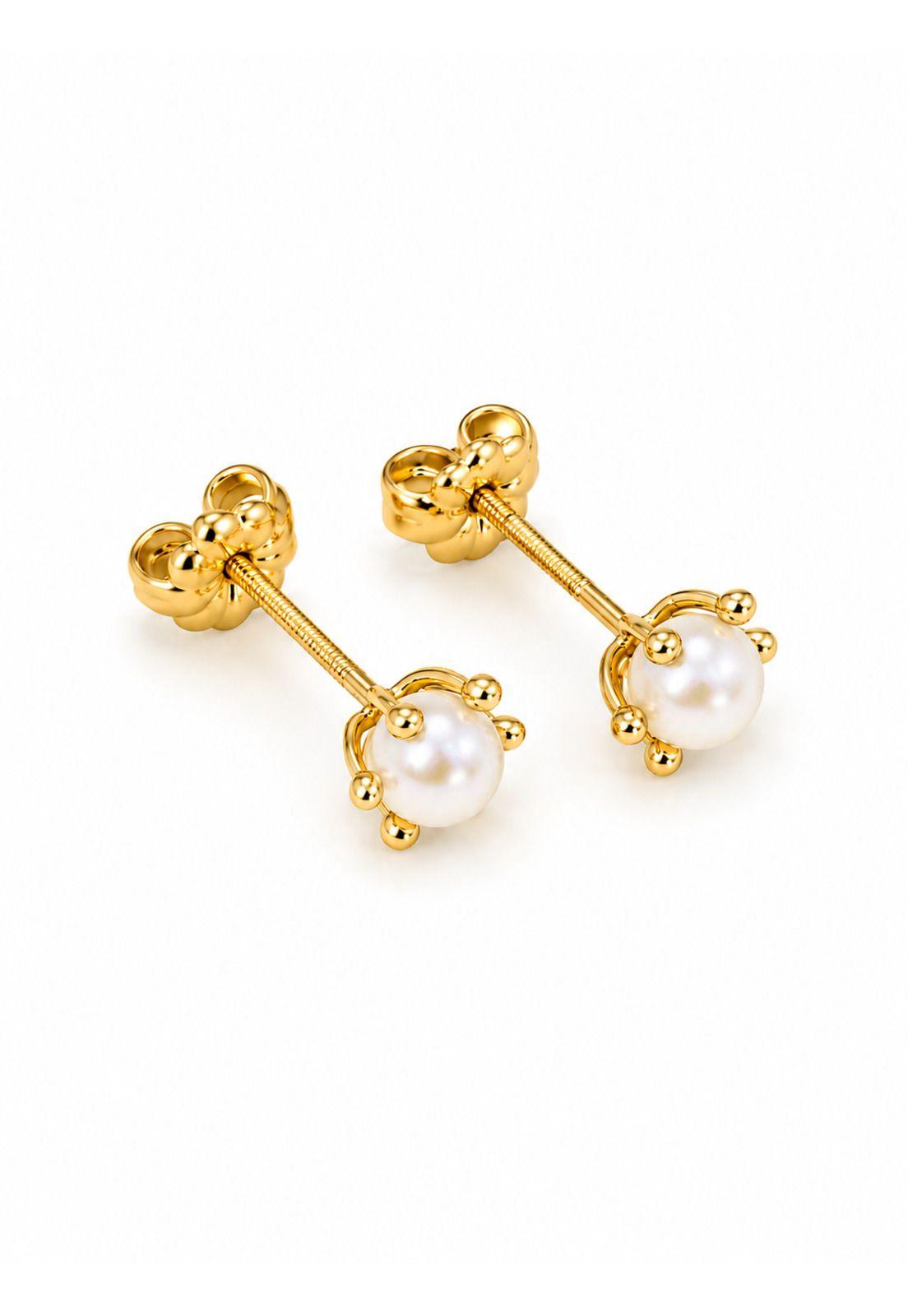 Aros Perla Cultivada Pistilo 4mm  N2 Oro 18k 1.30gr Mujer Dorado-0