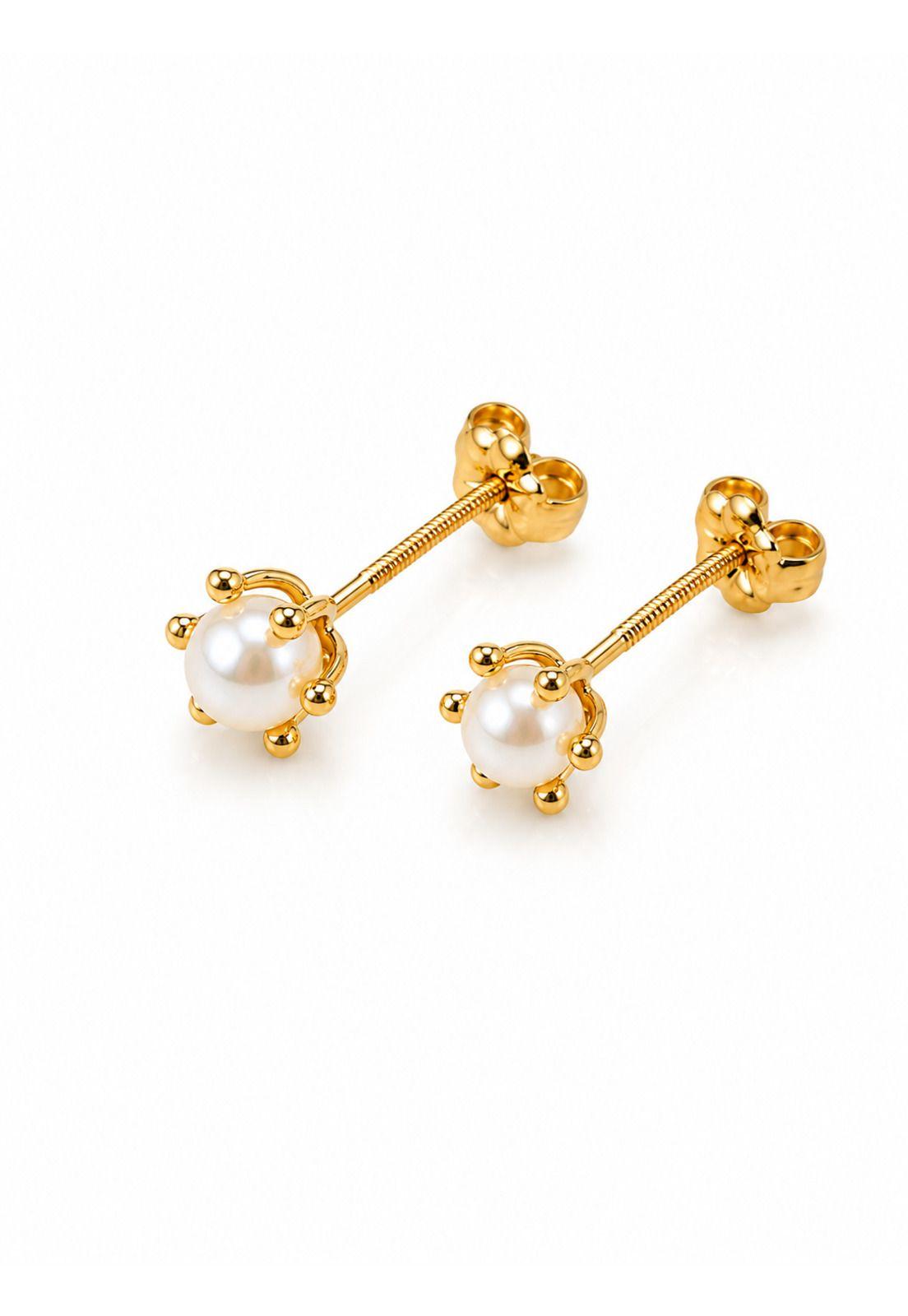 Aros Perla Cultivada Pistilo 4mm  N2 Oro 18k 1.30gr Mujer Dorado-1