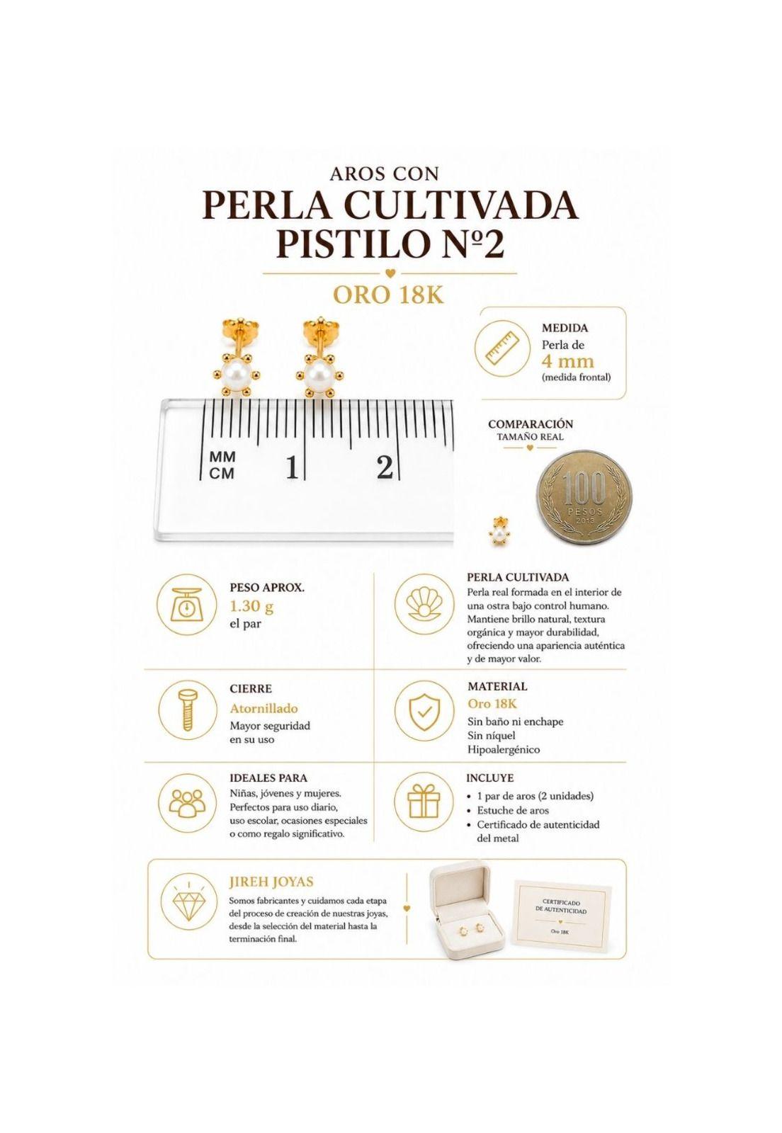 Aros Perla Cultivada Pistilo 4mm  N2 Oro 18k 1.30gr Mujer Dorado-3