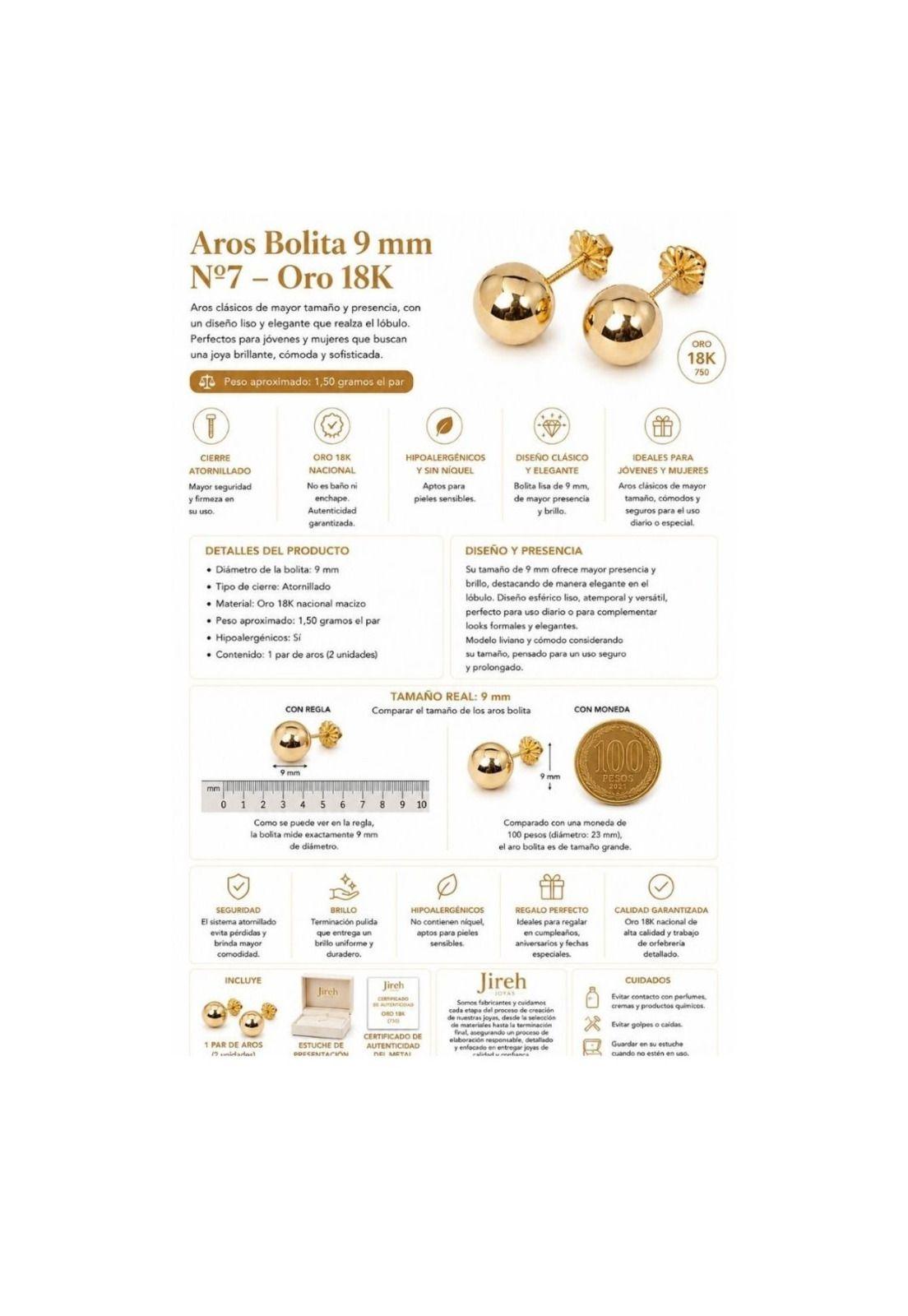 Aros Bolita 9mm N7 Oro 18k Atornillados 1.50gr Regalo Mujer Dorado-2