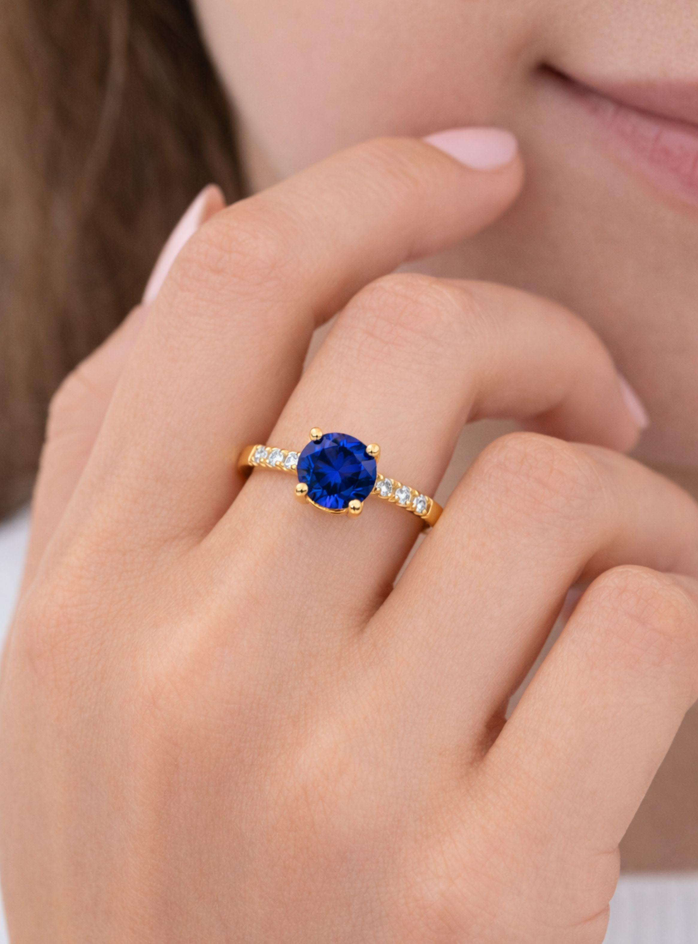 Anillo Solitario Compromiso Princesa Oro 18K 2gr Circón Central 5mm Azul Mujer-2