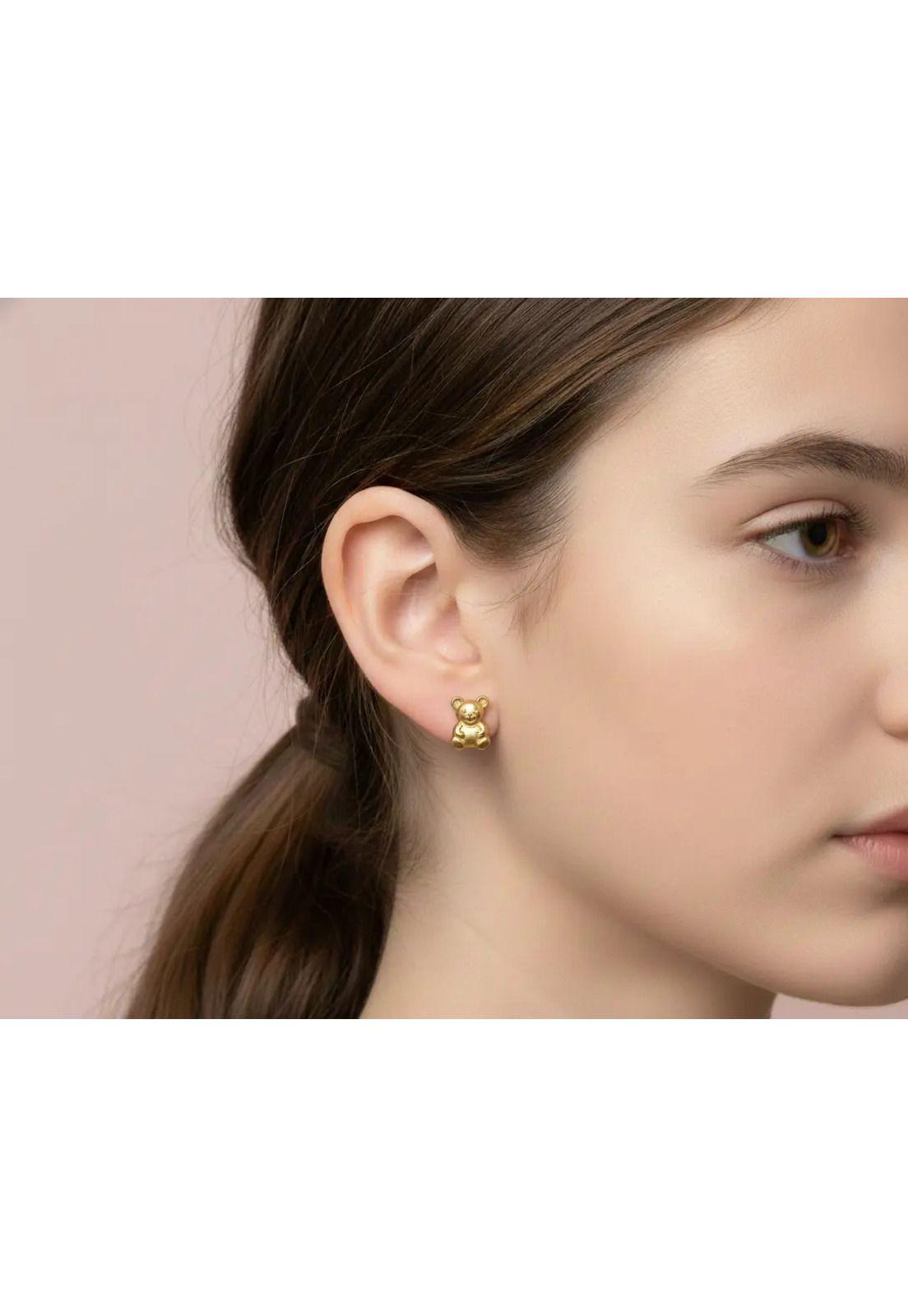 Aros Abridores Osito 6x7mm Oro 14k Oso Bebé Niña Dorado-3