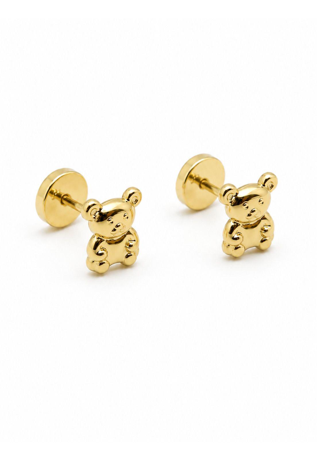 Aros Abridores Osito 6x7mm Oro 14k Oso Bebé Niña Dorado-1
